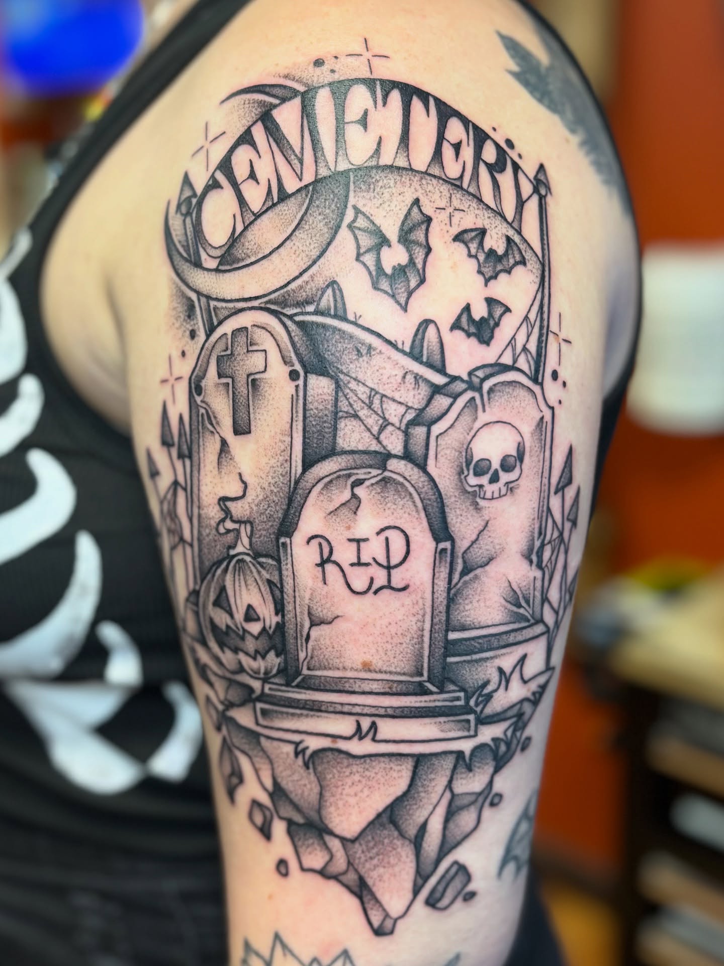 Graveyard scene dotwork tattoo on the forearm by Dee - MA Tattoo Artist, Concord, Massachusetts