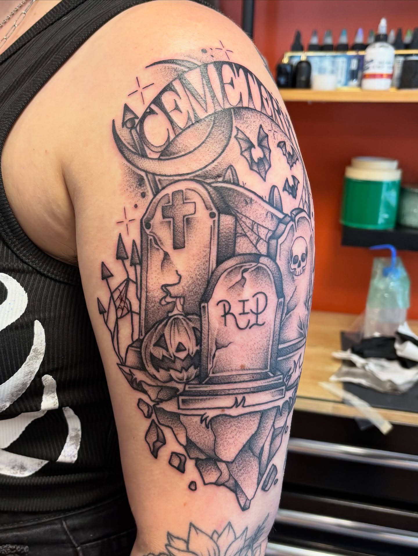 Graveyard scene American traditional tattoo on the shoulder by Dee - MA Tattoo Artist, Concord, Massachusetts