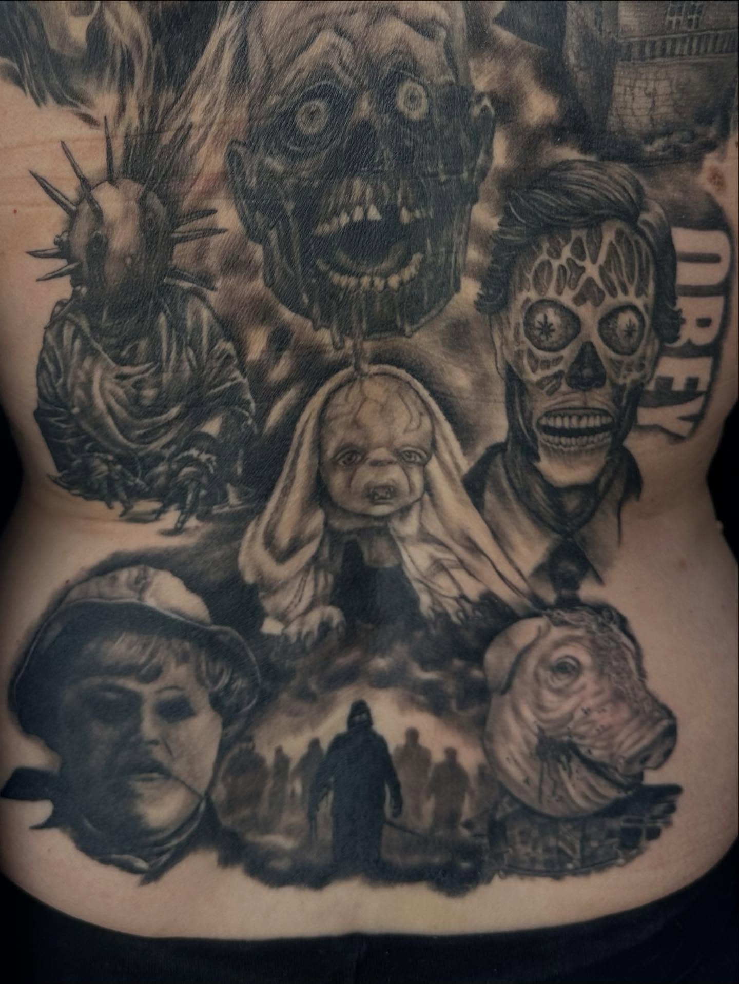 Horror movie characters realism tattoo on the torso by Alan