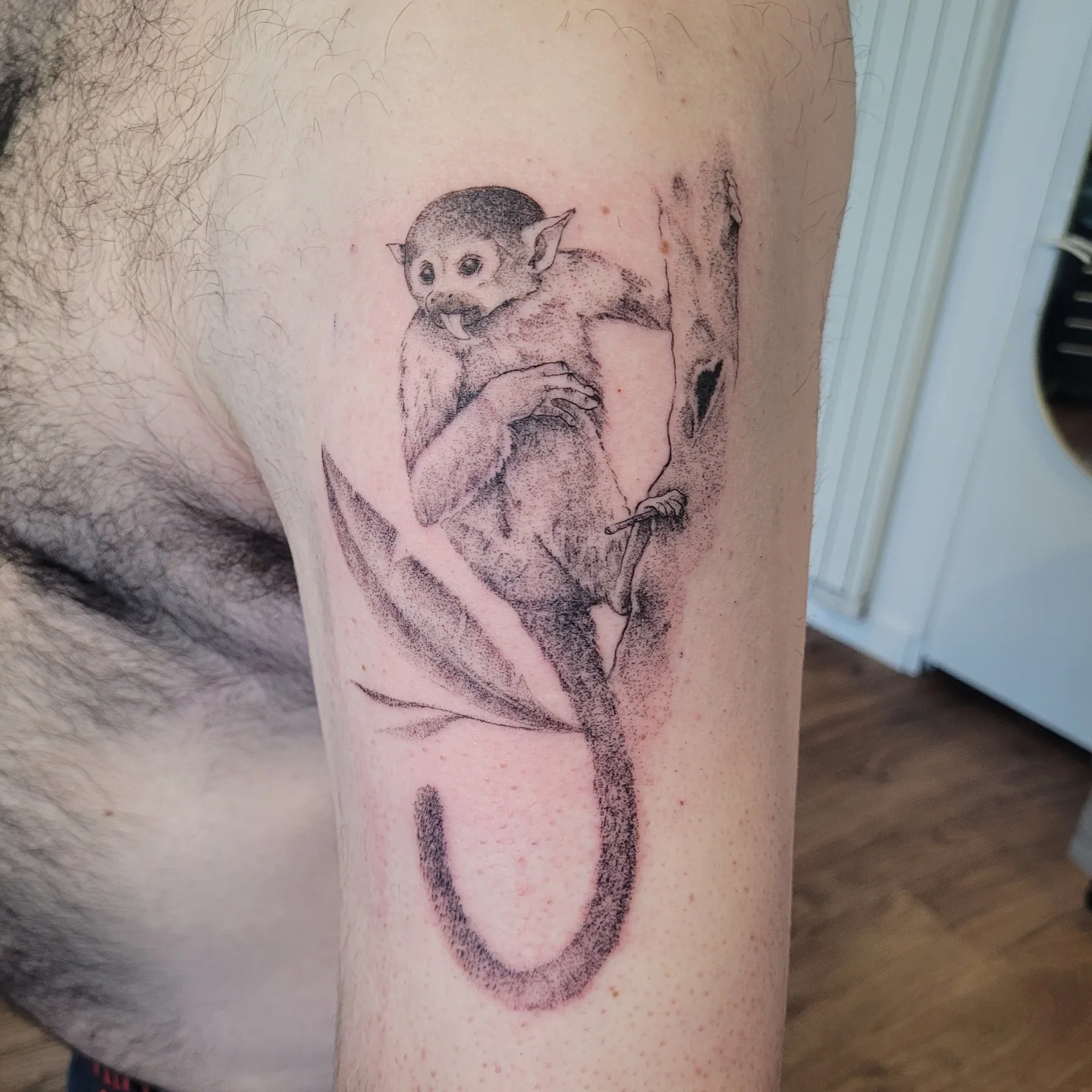 Lemur dotwork tattoo on the forearm by Sooz, Tours, Centre-Val de Loire