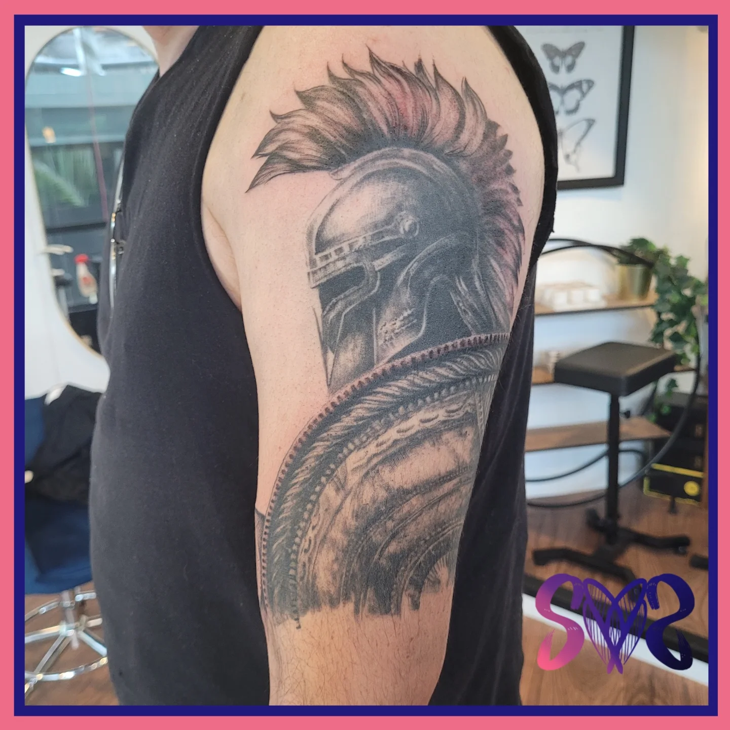 Spartan helmet realism tattoo on the shoulder by Sooz, Tours, Centre-Val de Loire