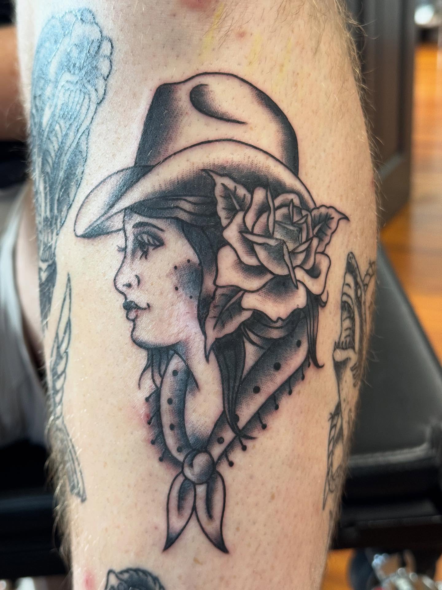Woman wearing hat black and grey tattoo on the forearm by π©πͺπ¬