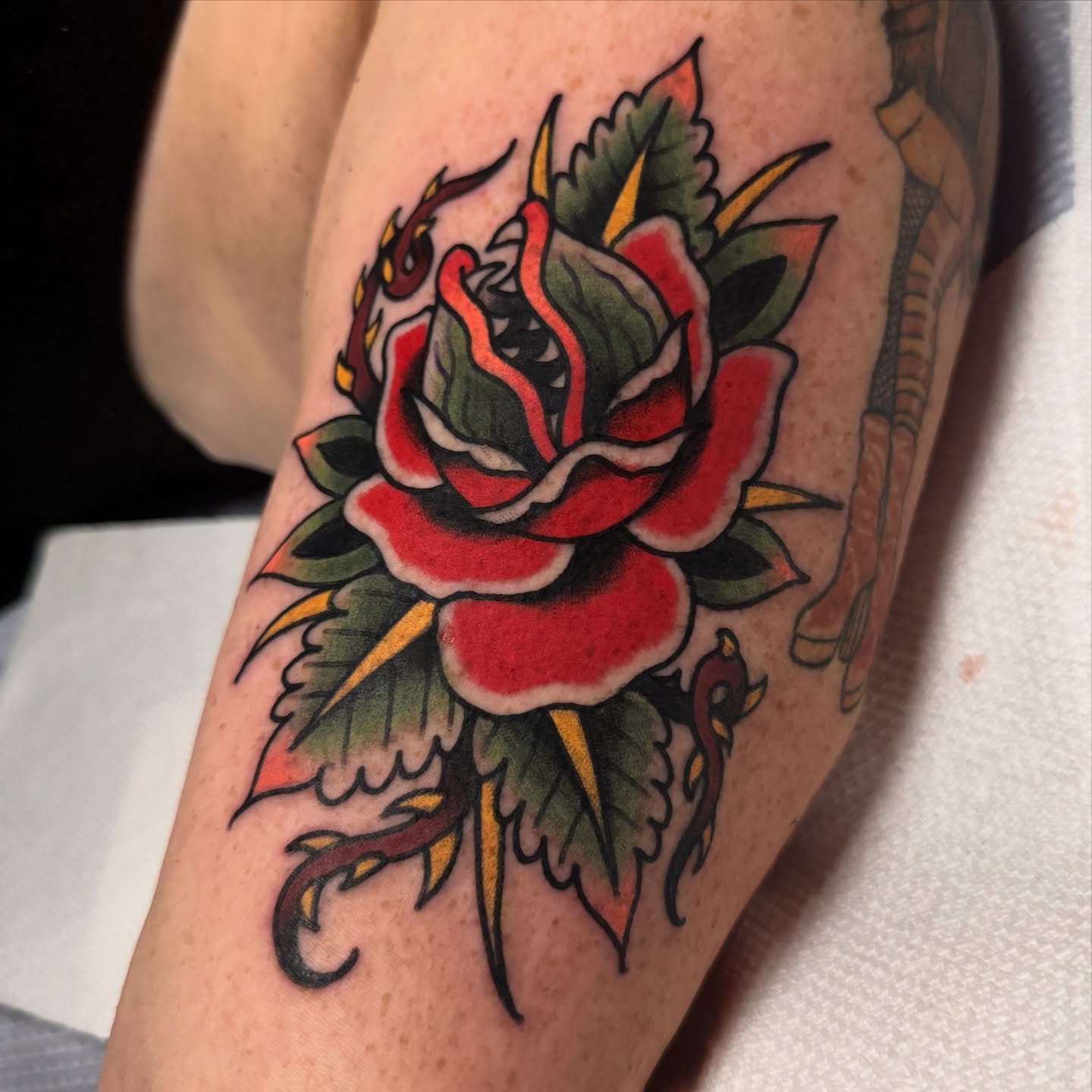 Red rose American traditional tattoo on the forearm by K y l e   M a c K e n z i e, Salem, Massachusetts