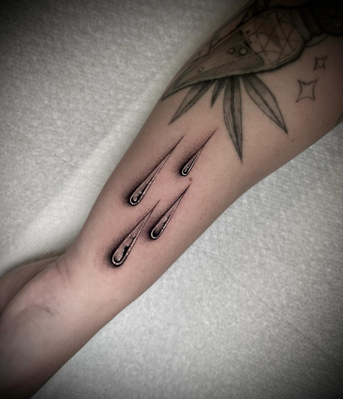 Hand with dripping nails black and grey tattoo on the forearm by Martha Gual π€ East ATX Tattooer