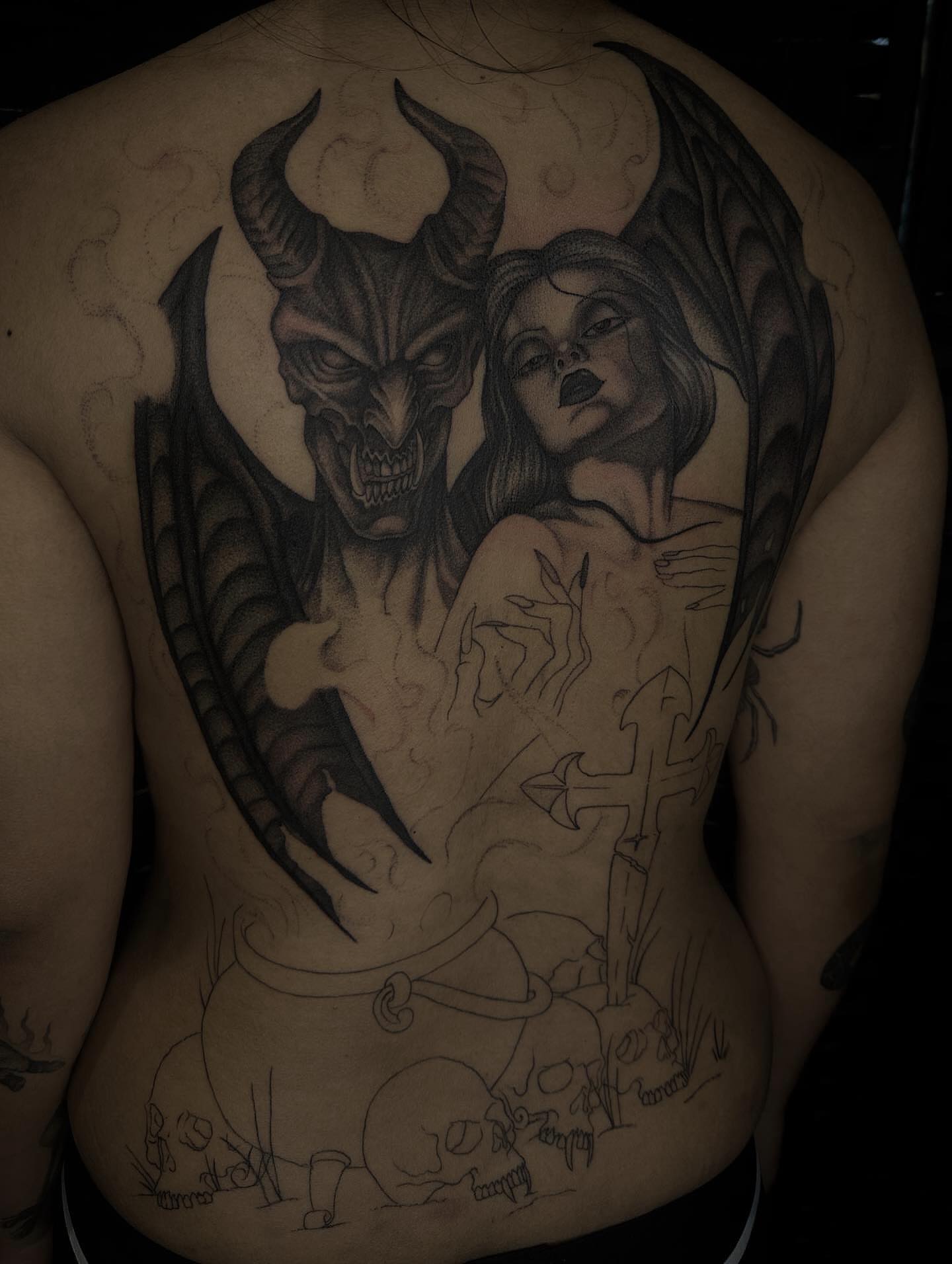 Demon and angel dark realism tattoo on the back by 𝖍𝖆𝖓𝖓𝖆𝖍