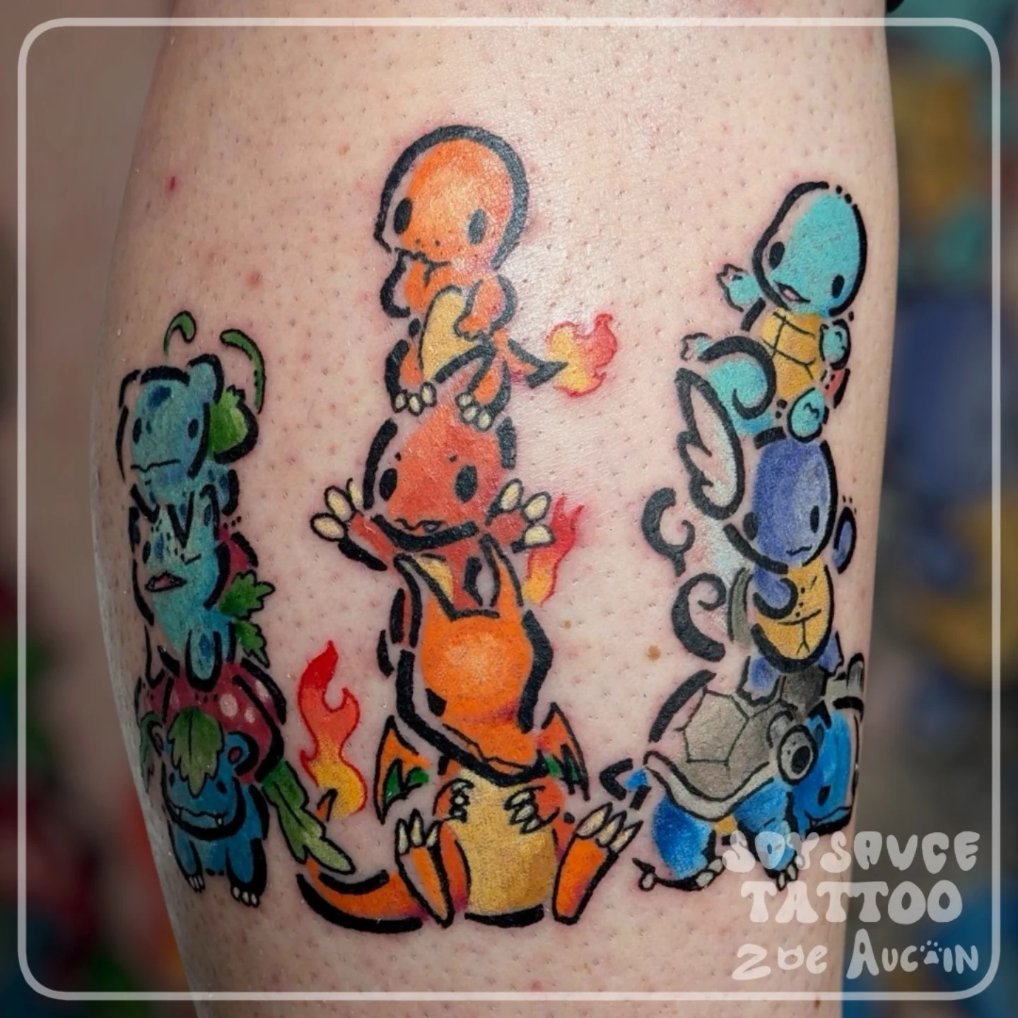 Pokemon starters new school tattoo on the forearm by Zoe Aucoin