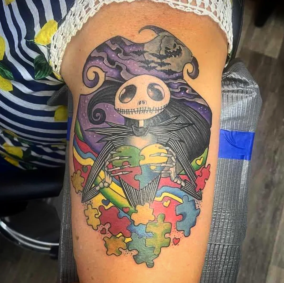 Jack Skellington dotwork tattoo on the thigh by Josh Sroga