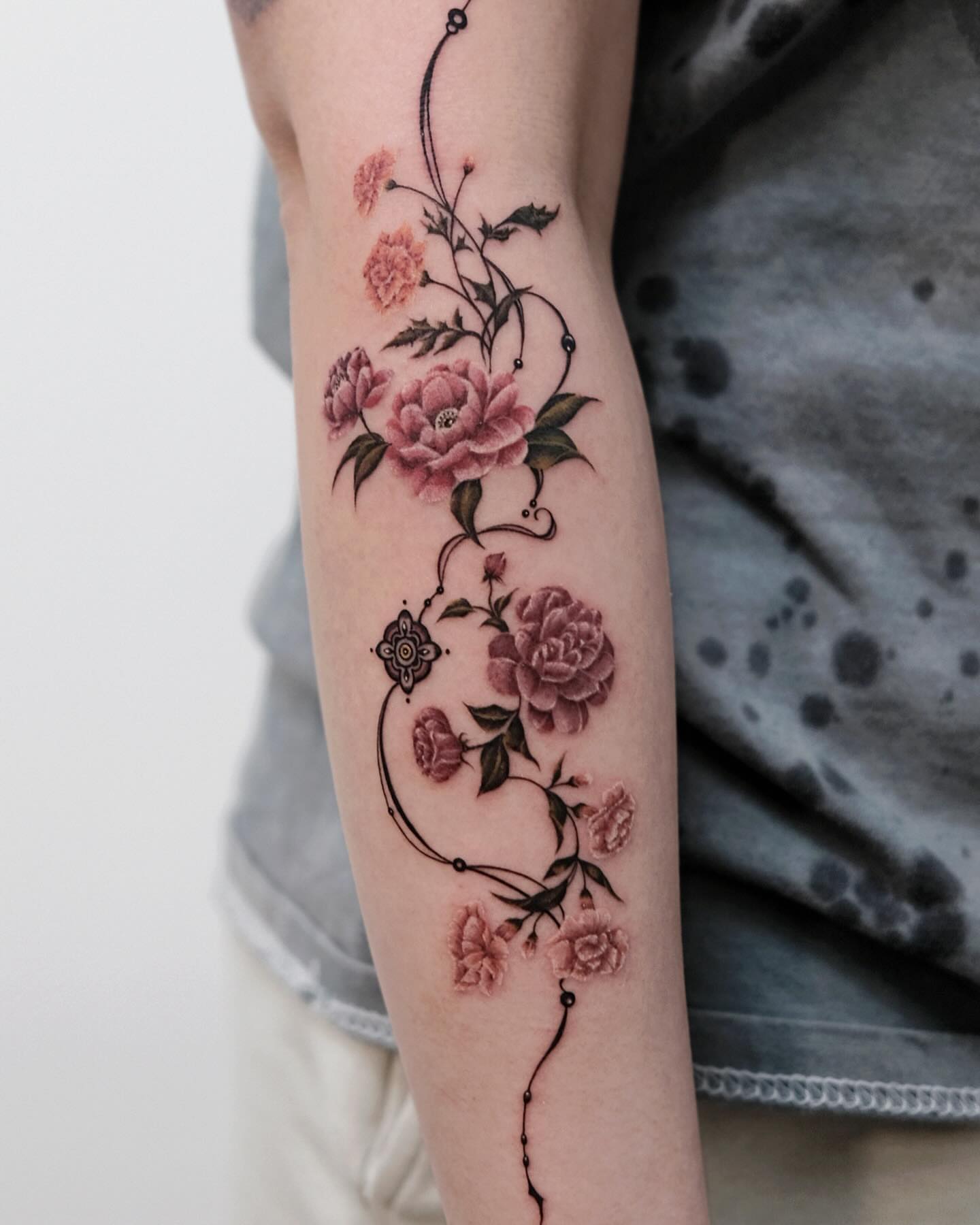 Peony flowers new school tattoo on the forearm by 애박 ⋆⁺₊ ₊⁺⋆ Aebak