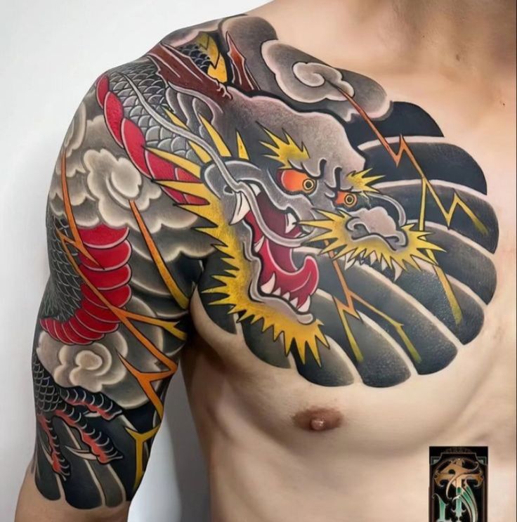 Dragon japanese irezumi tattoo on the chest by Peter John