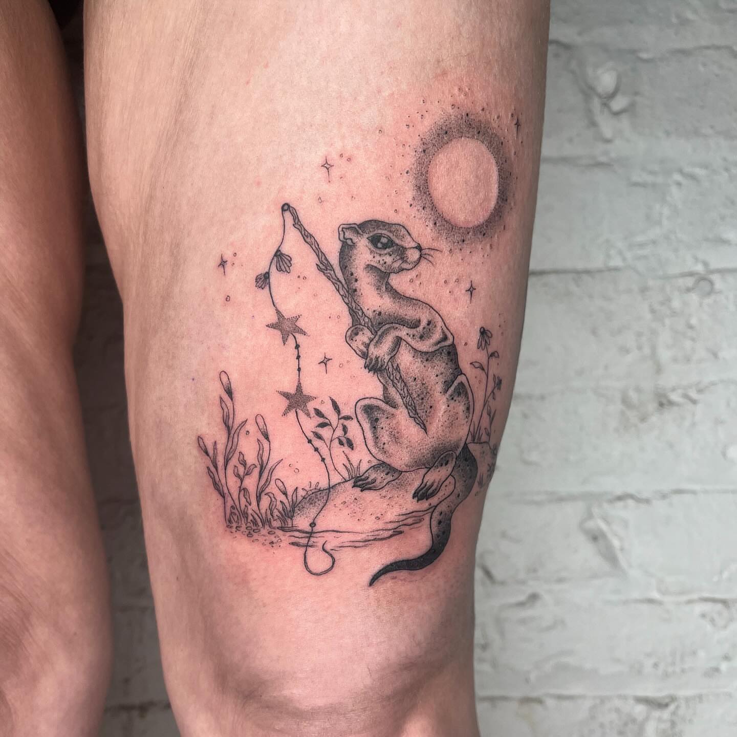 Groundhog dotwork tattoo on the thigh by 𝔇𝔢𝔰𝔦