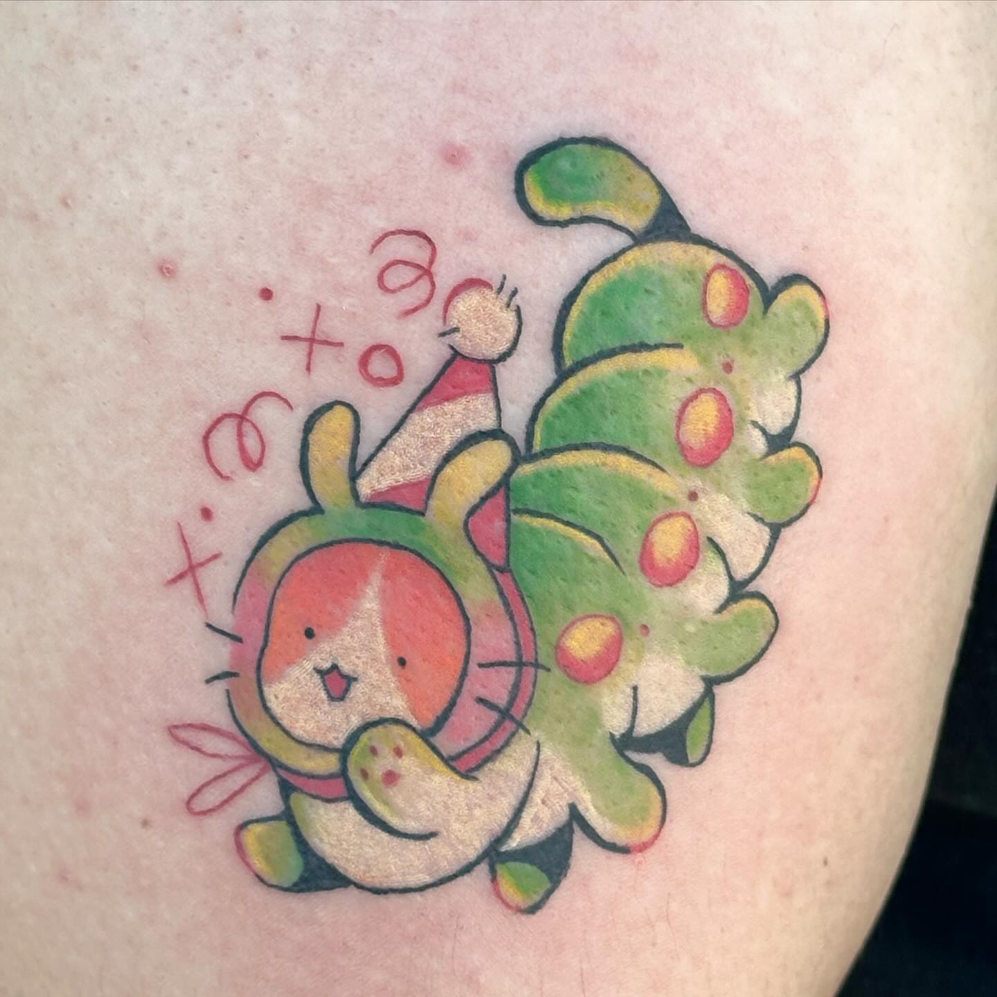 Cat and caterpillar dotwork tattoo on the thigh by ✦ Louie ✦, Sterling Heights, Michigan