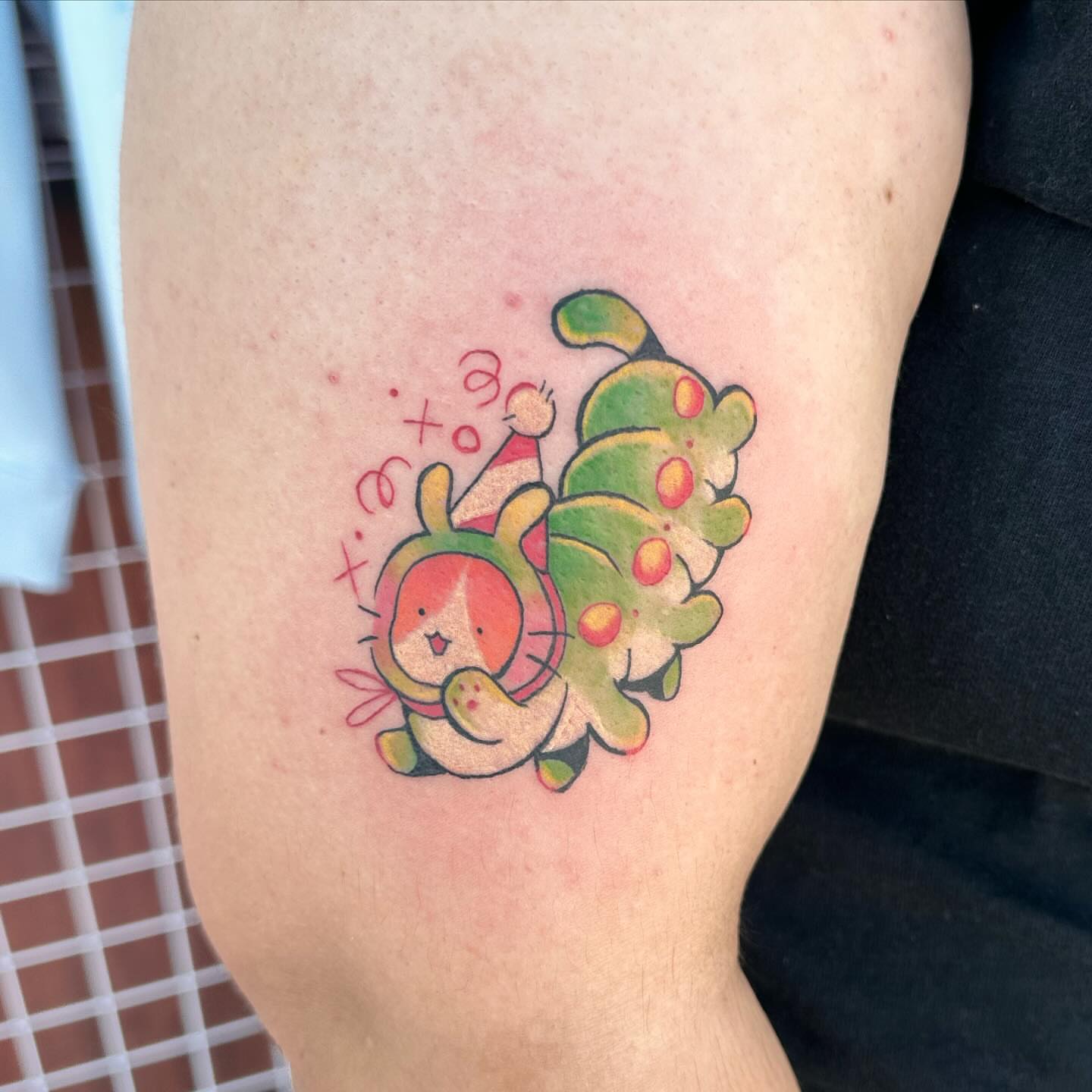 Cat and caterpillar dotwork tattoo on the thigh by ✦ Louie ✦, Sterling Heights, Michigan