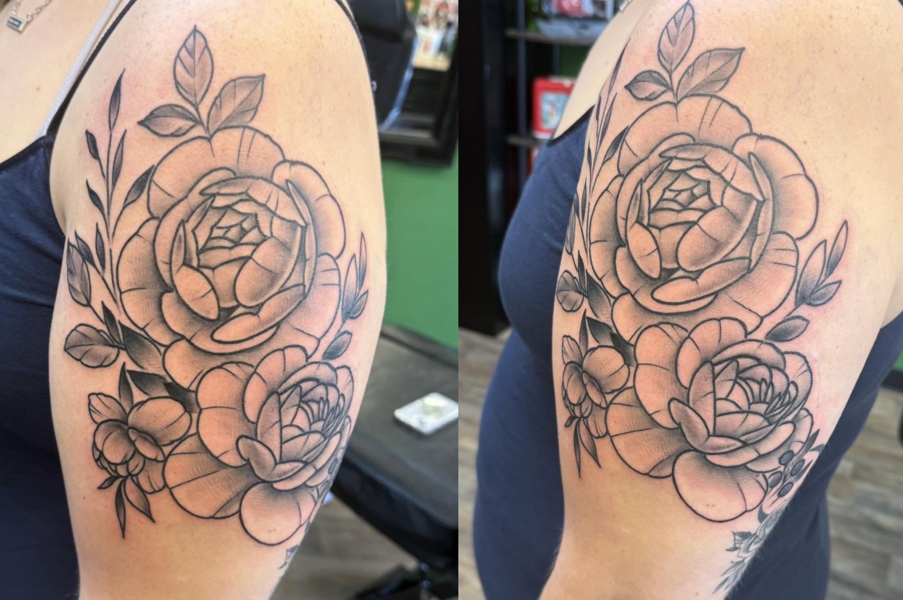 Peony bouquet black and grey tattoo on the shoulder by Josh Roberts, Franklin, Ohio