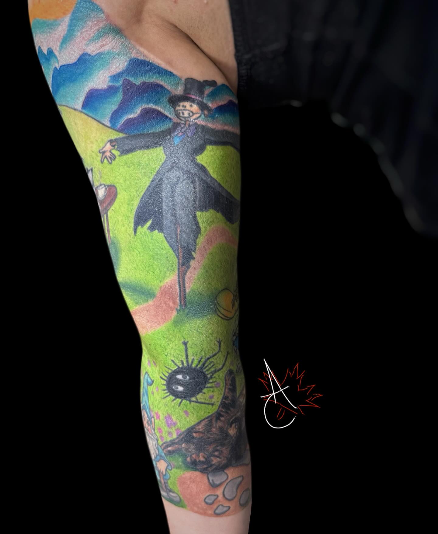 Scarecrow illustrative tattoo on the forearm by Canada Tyr