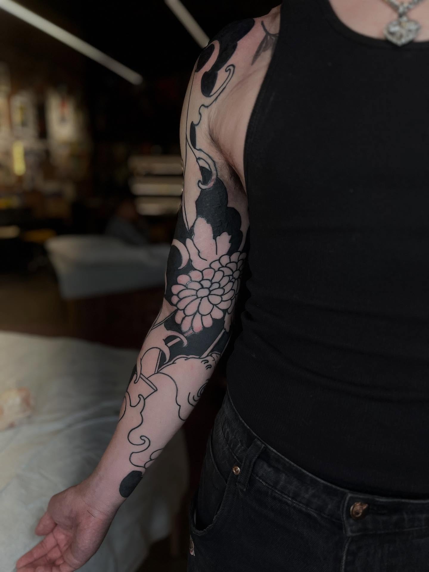 Chrysanthemum japanese irezumi tattoo on the forearm by Kaichi Fujita, Eugene, Oregon