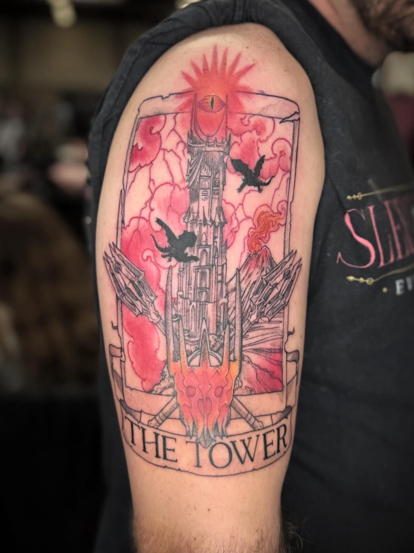 The tower neo-traditional tattoo on the upper arm by Kelsey Kemp