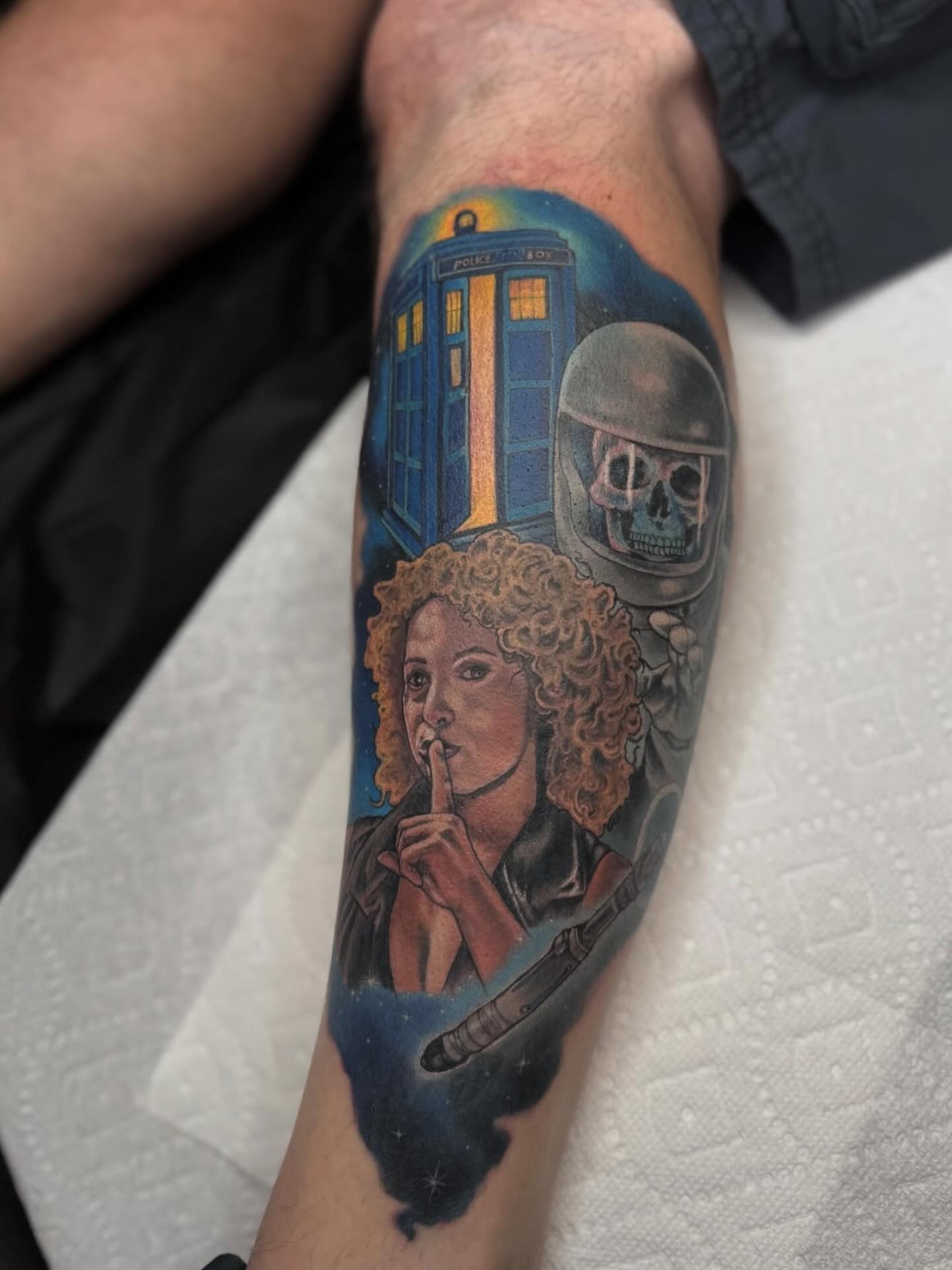 Doctor Who characters realism tattoo on the forearm by Kelsey Kemp