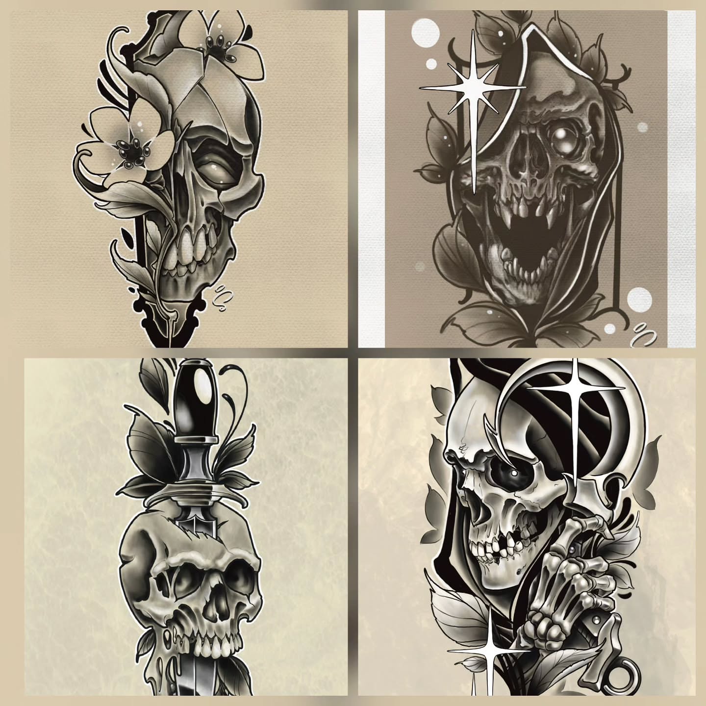 Skulls and flowers dark realism tattoo by Steve Atkinson Tattoo Artist
