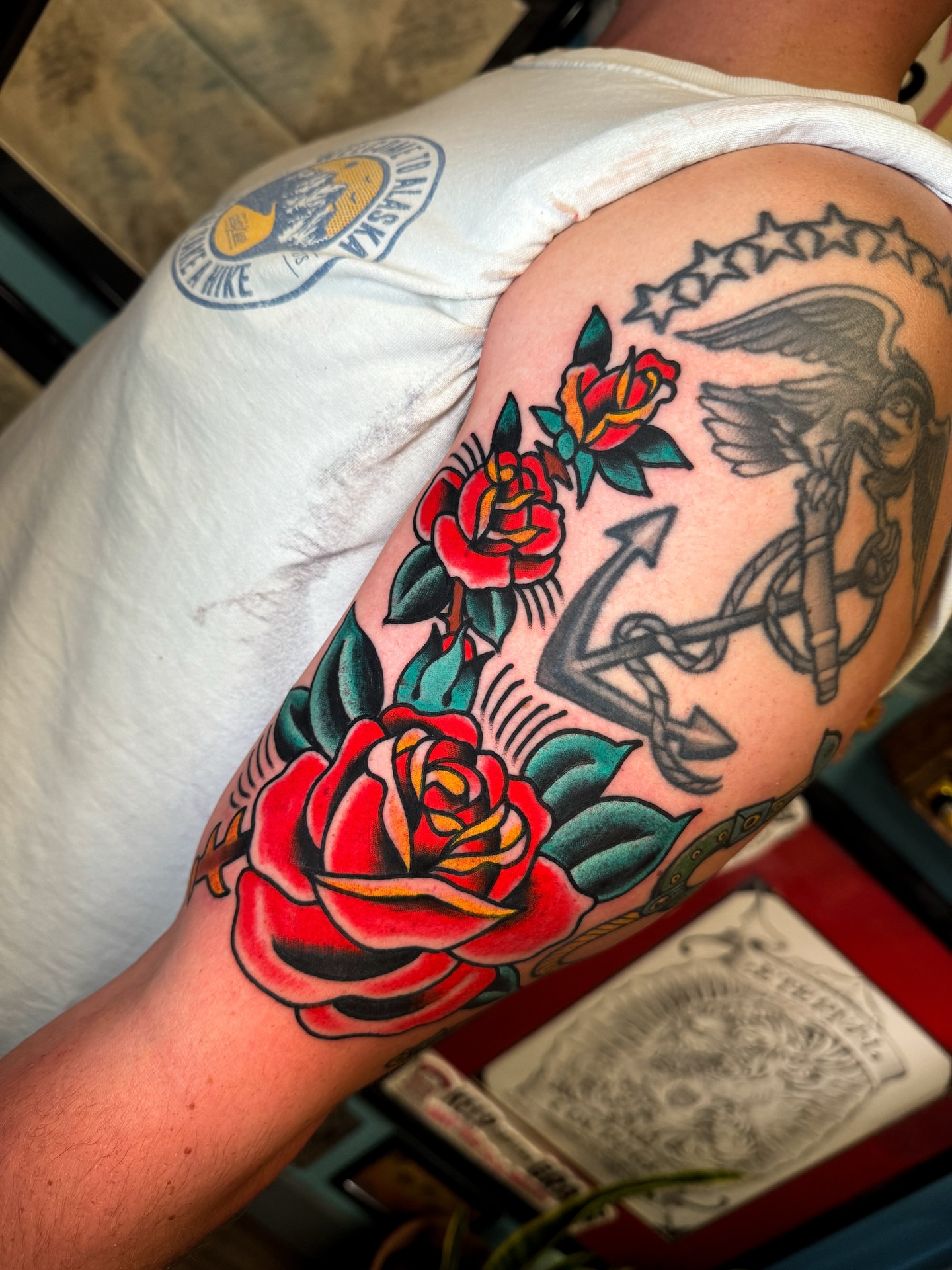 Roses and anchor American traditional tattoo on the forearm by Alex Kass 🥩 San Antonio TX, San Antonio, Texas