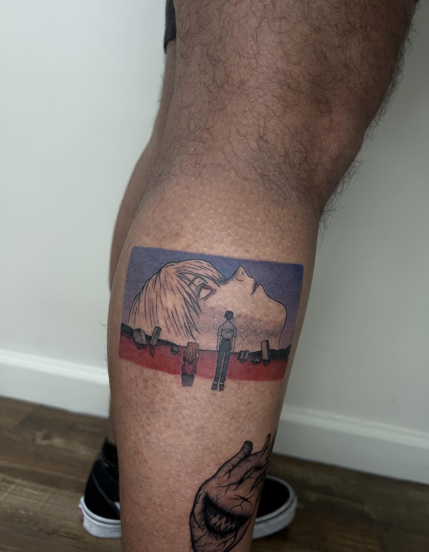 Landscape with figures realism tattoo on the thigh by Diana García