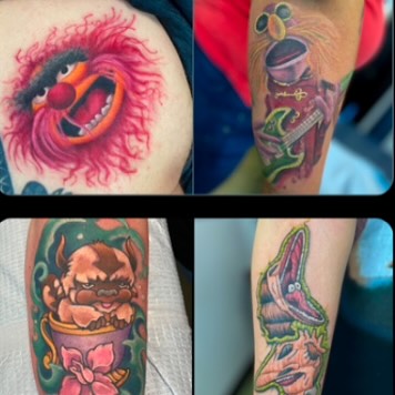 Muppet character American traditional tattoo on the upper arm by Loki Shane DeFriece
