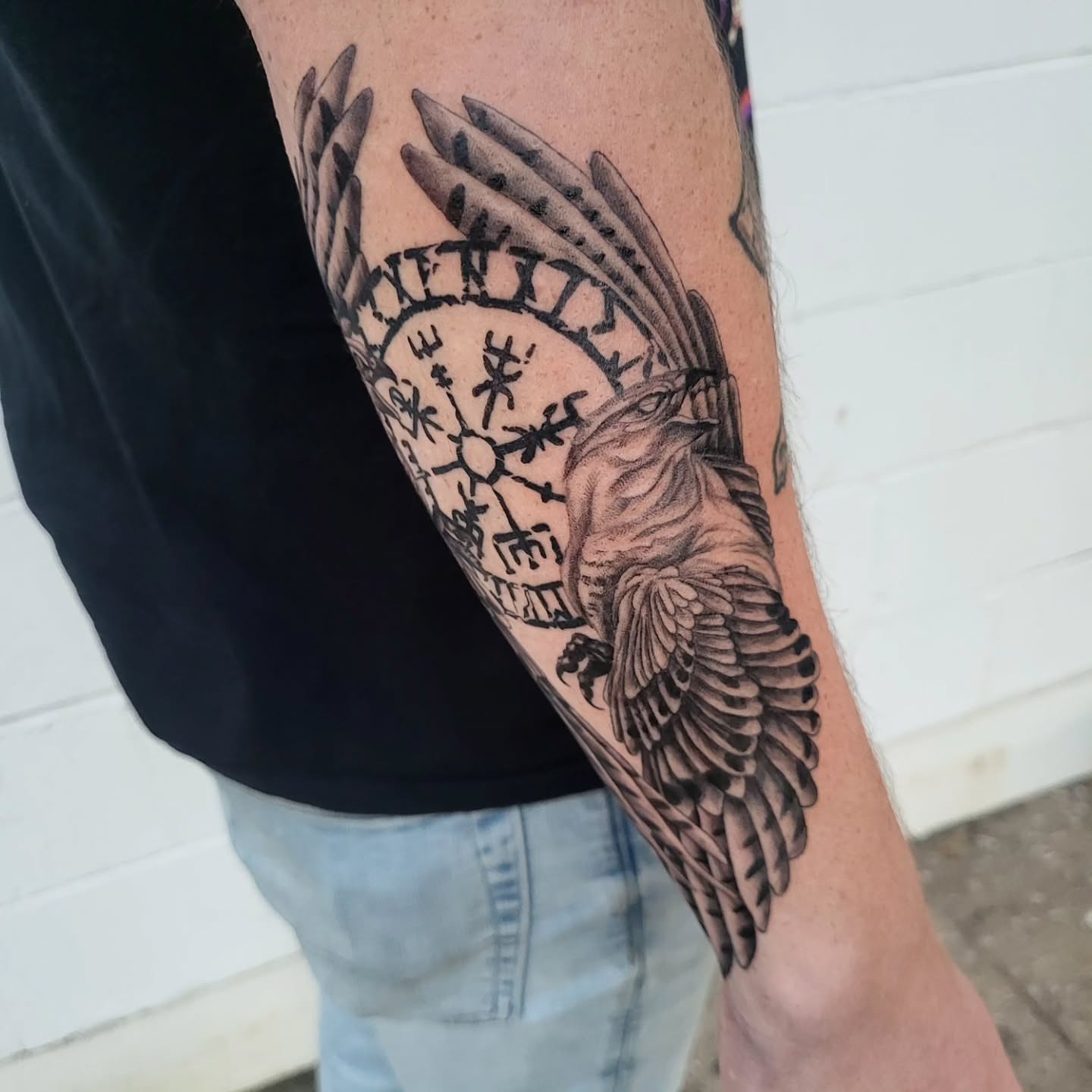 Bird and compass realism tattoo on the forearm by Jenna 🖤 Tattoos Denton TX