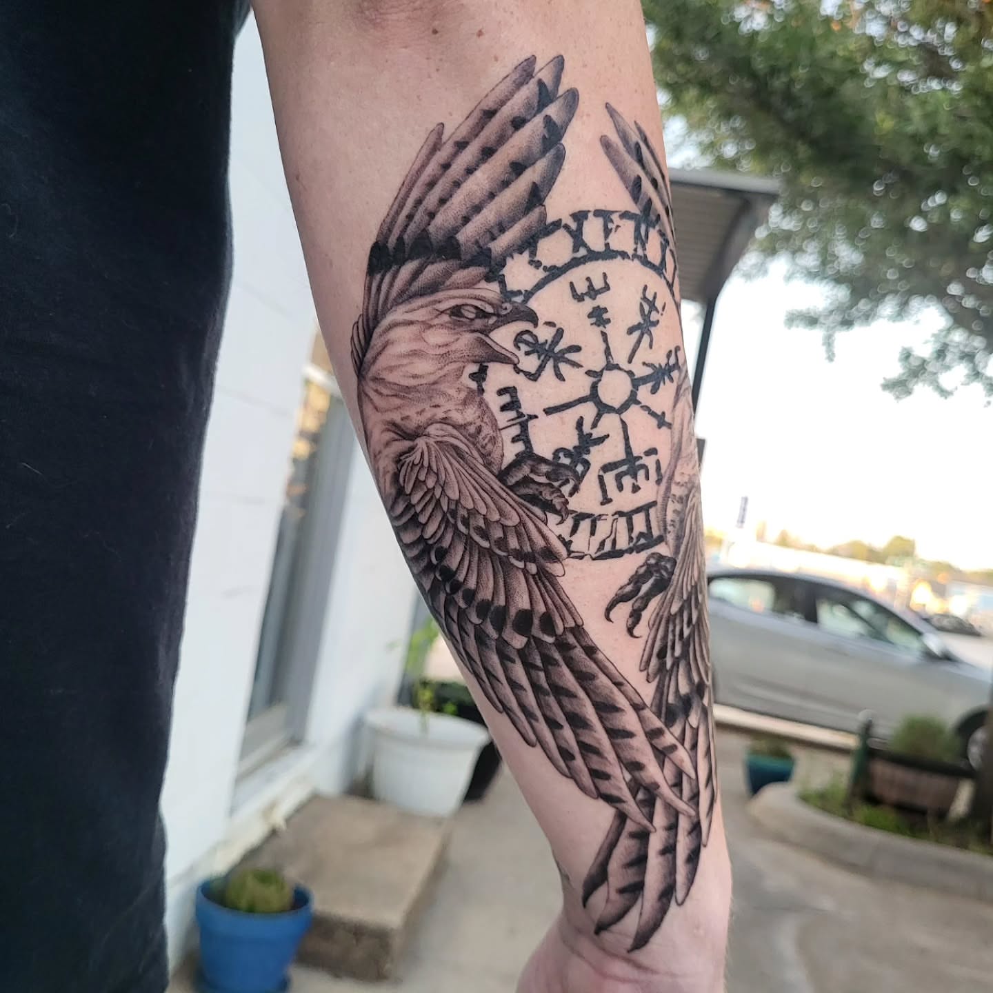 Bird and circular design realism tattoo on the forearm by Jenna 🖤 Tattoos Denton TX