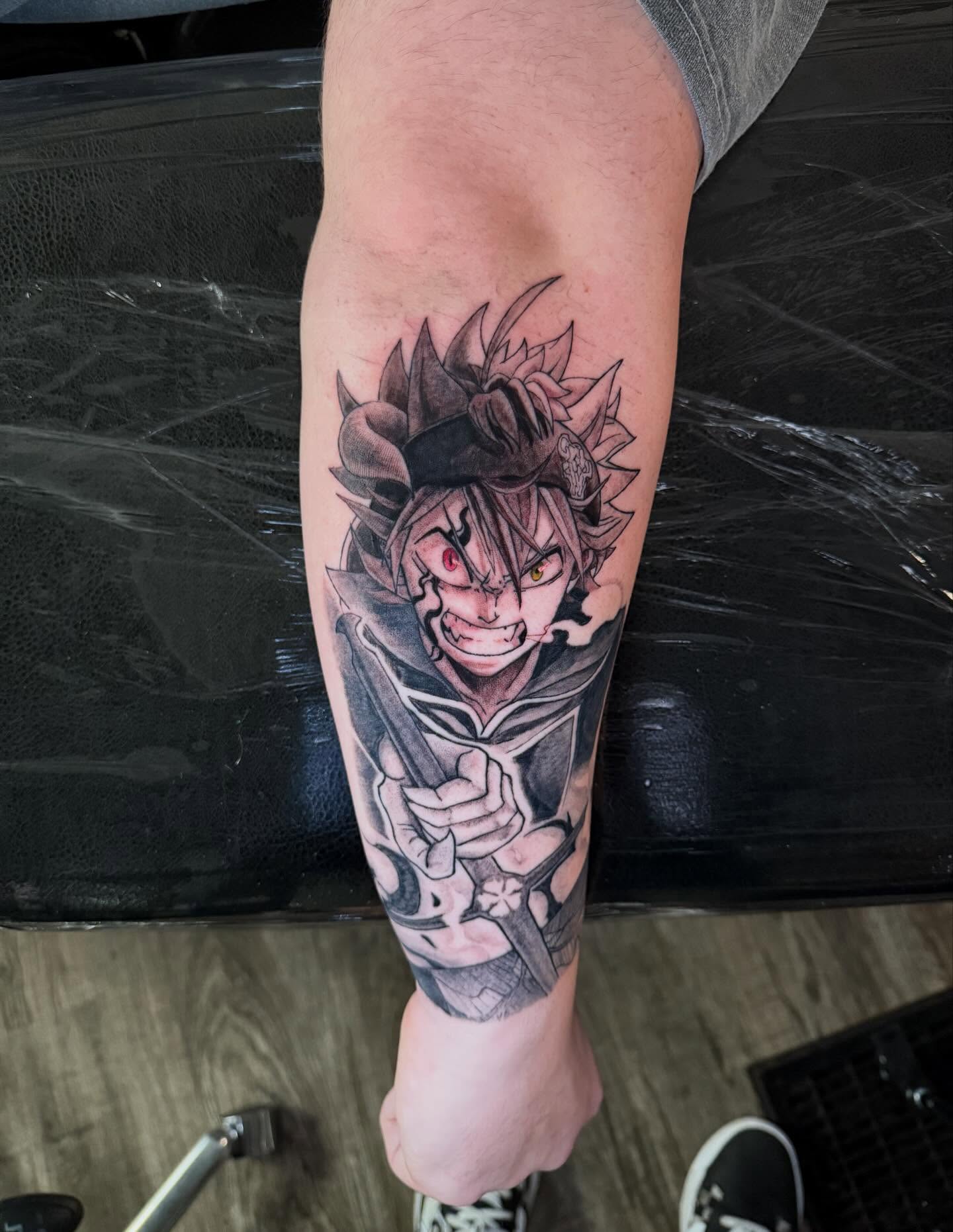 Tattoo by @damon.d.tattoos — anime, dotwork