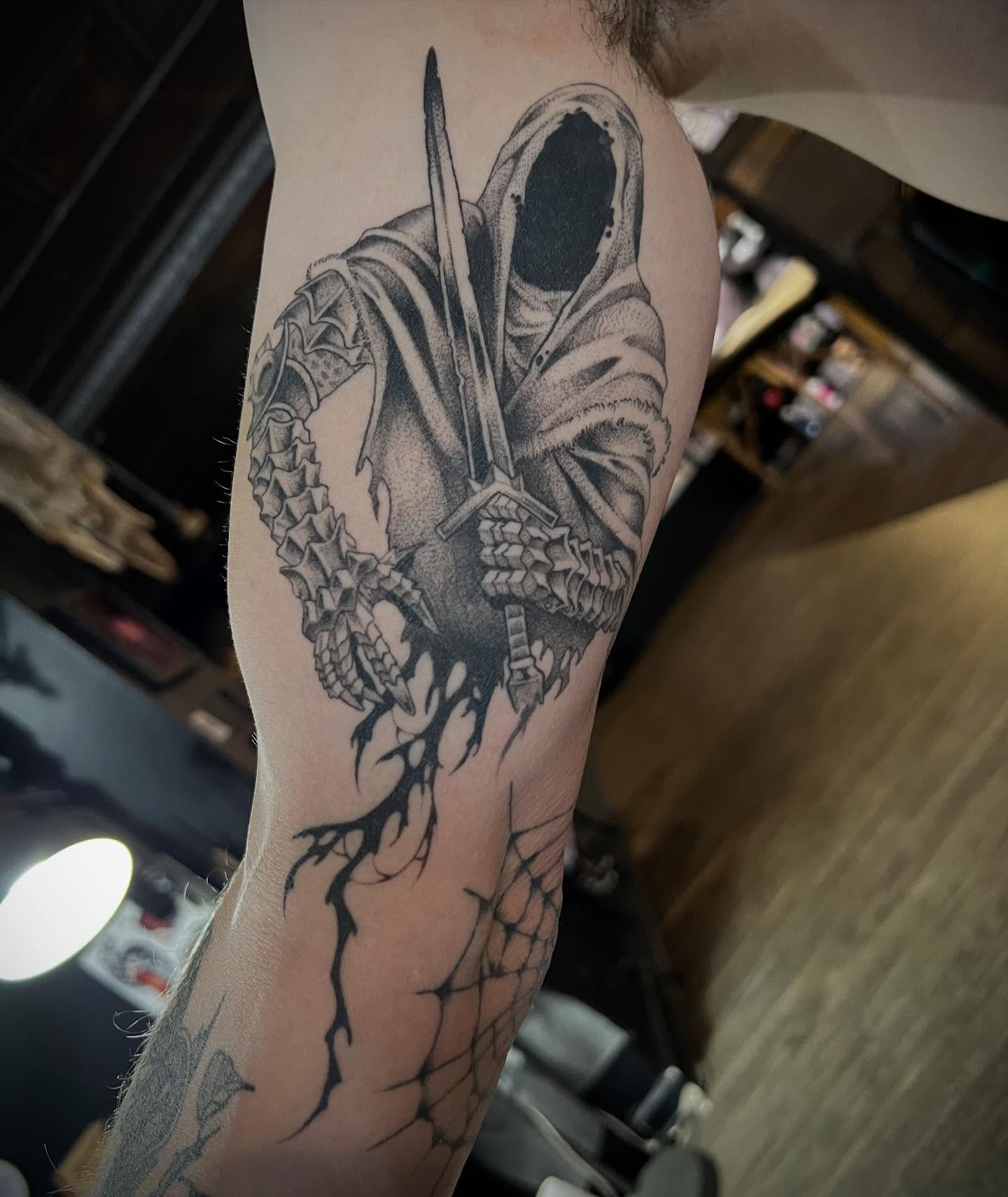 Tattoo by @revoltingworship β black_and_grey, dotwork