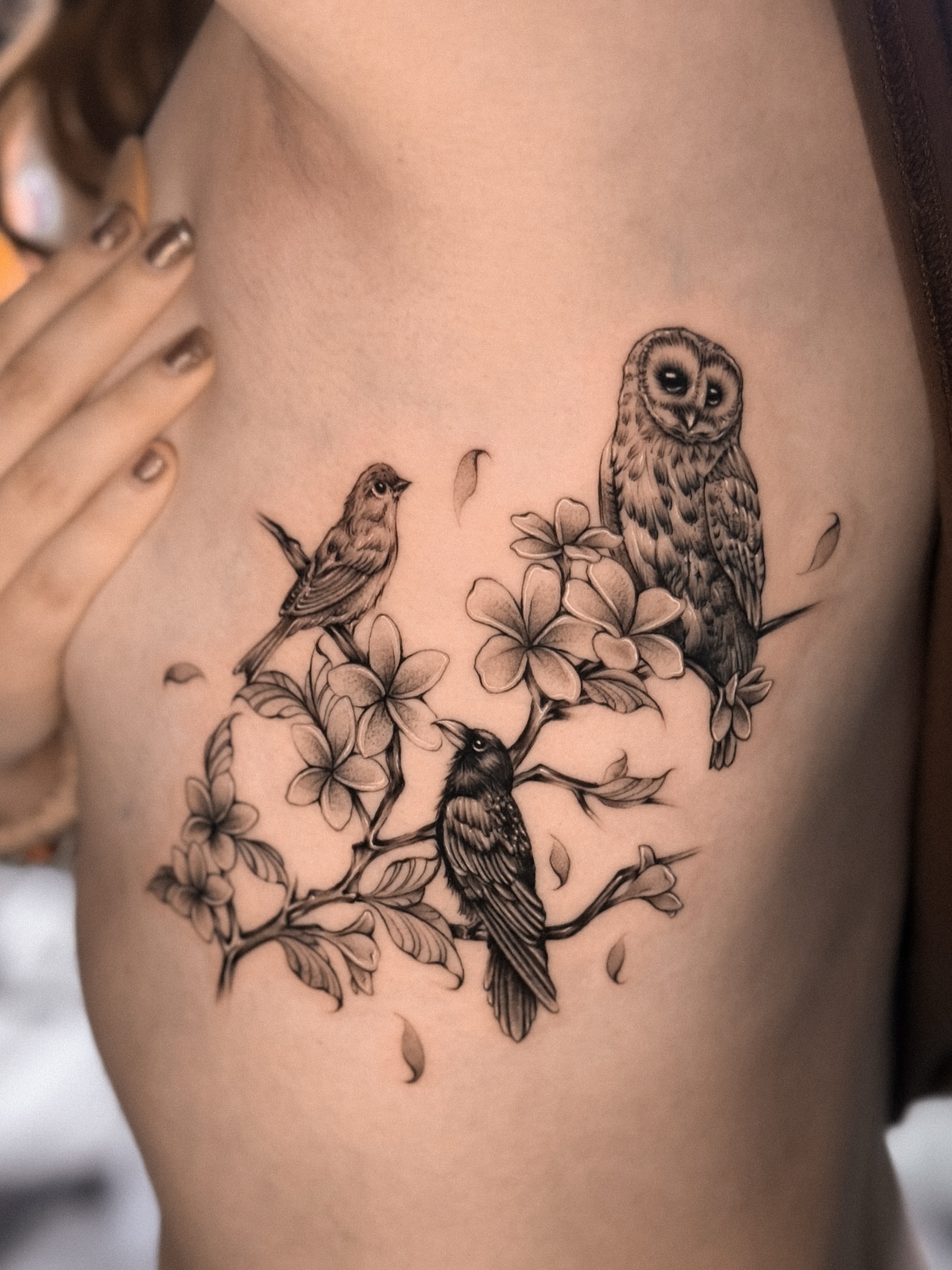 Birds and flowers realism tattoo on the chest by πππΉππππππππππππ