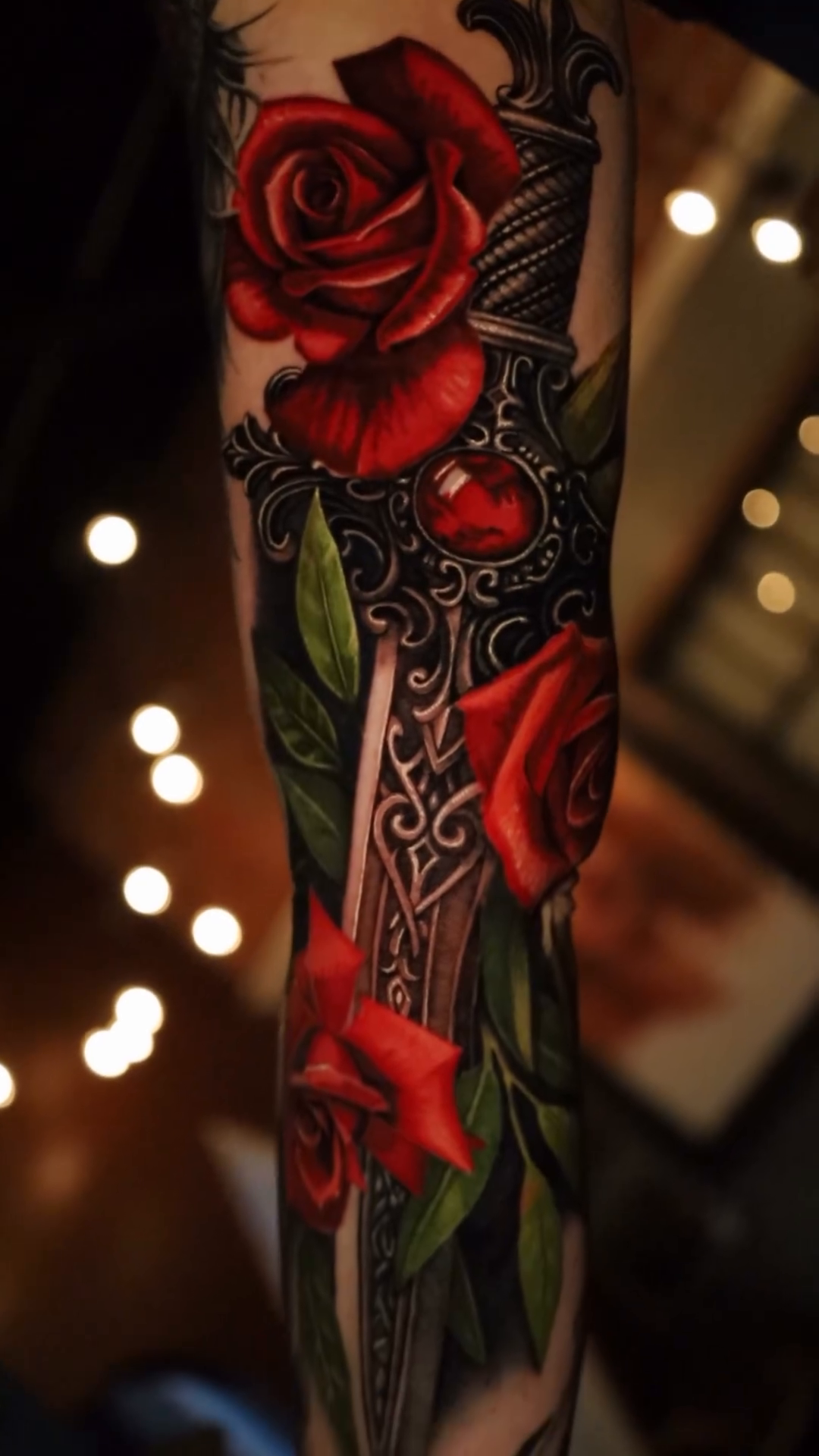 Roses and dagger realism tattoo by Bryan Palacios
