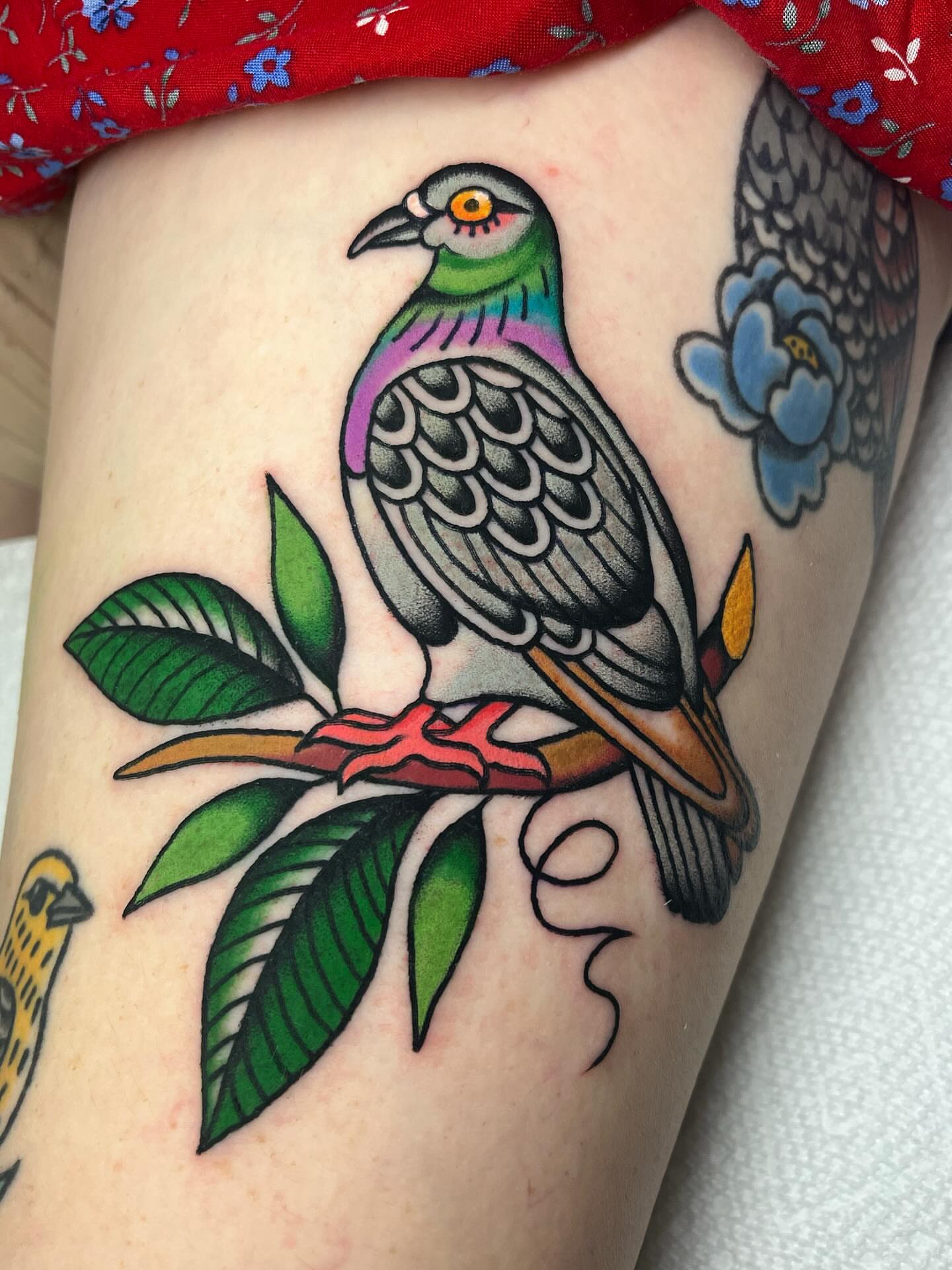 Bird American traditional tattoo on the thigh by ⭐️ Erin Bauer ⭐️