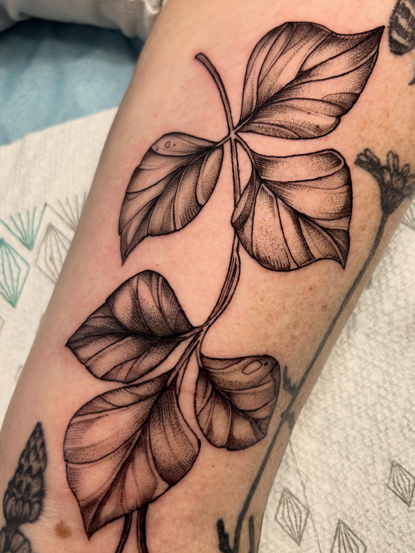 Leaf black and grey tattoo on the forearm by Cindy Xu