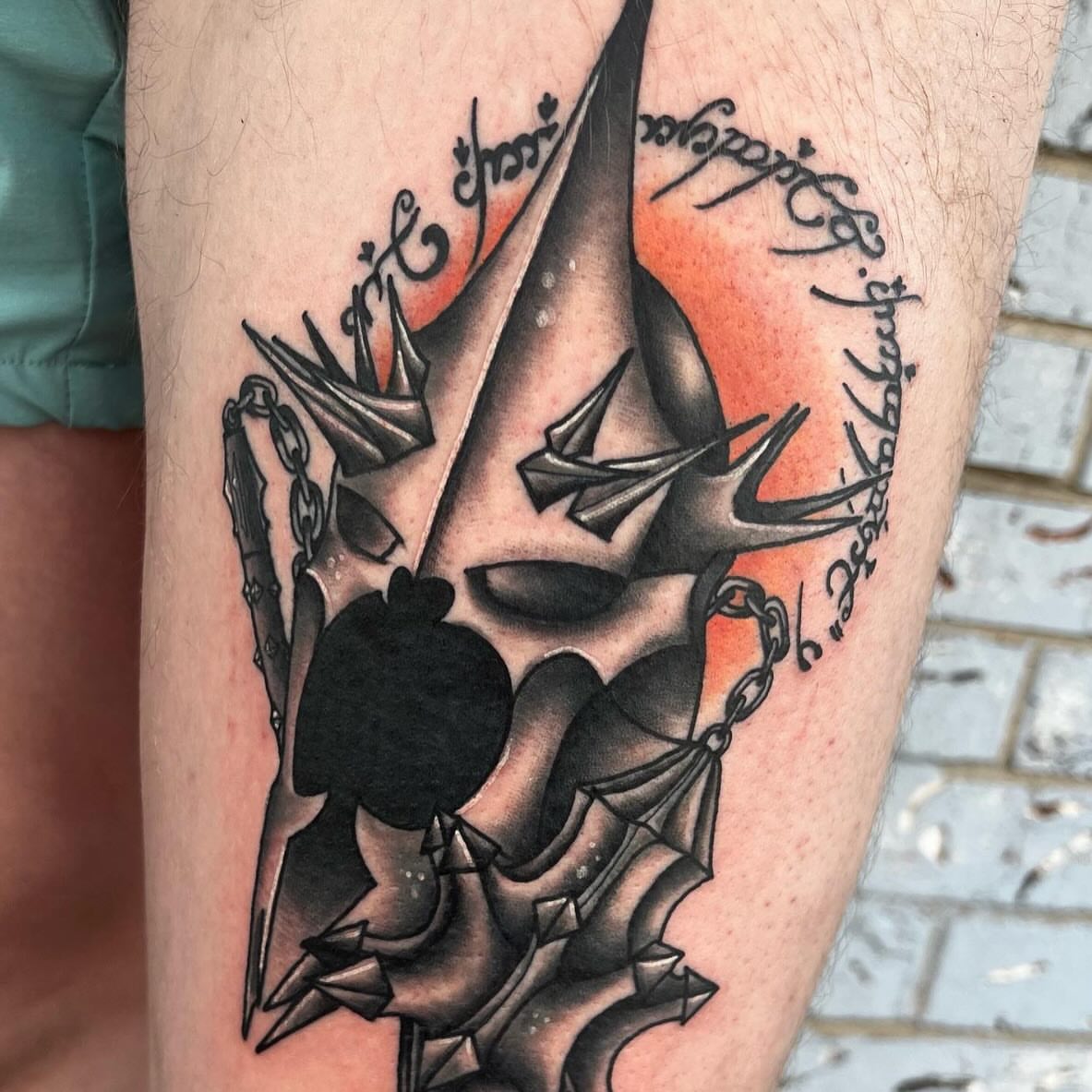 Witch hat and chains geometric tattoo on the leg by Kahlan ⍟