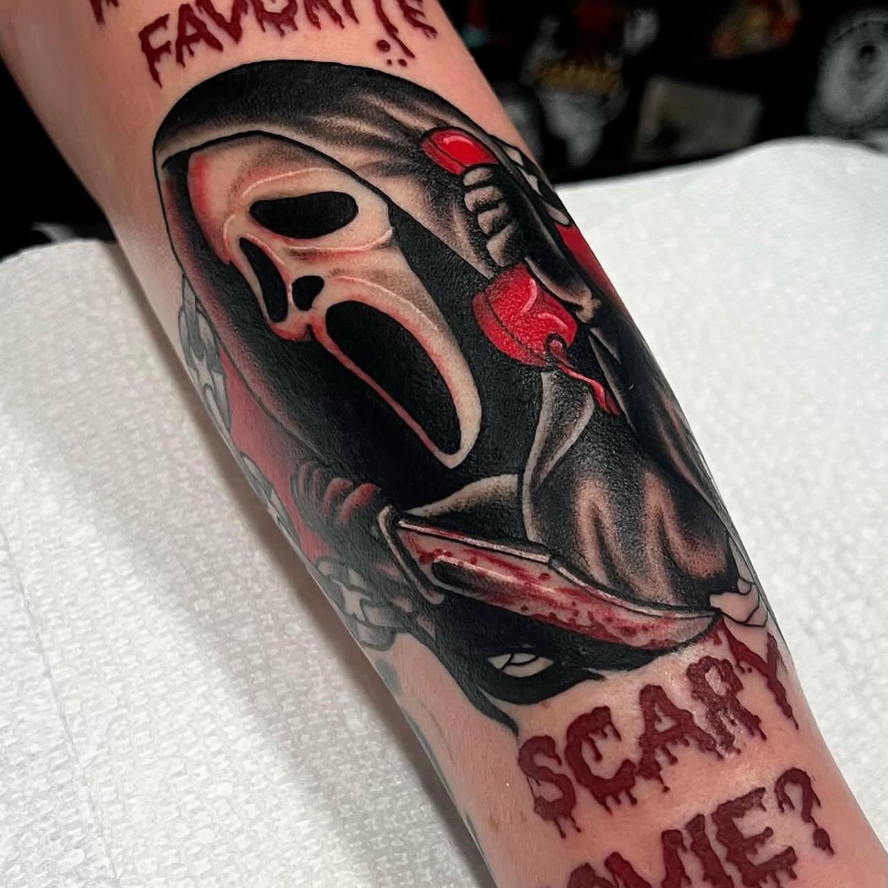 Scream mask realism tattoo on the forearm by Kahlan ⍟