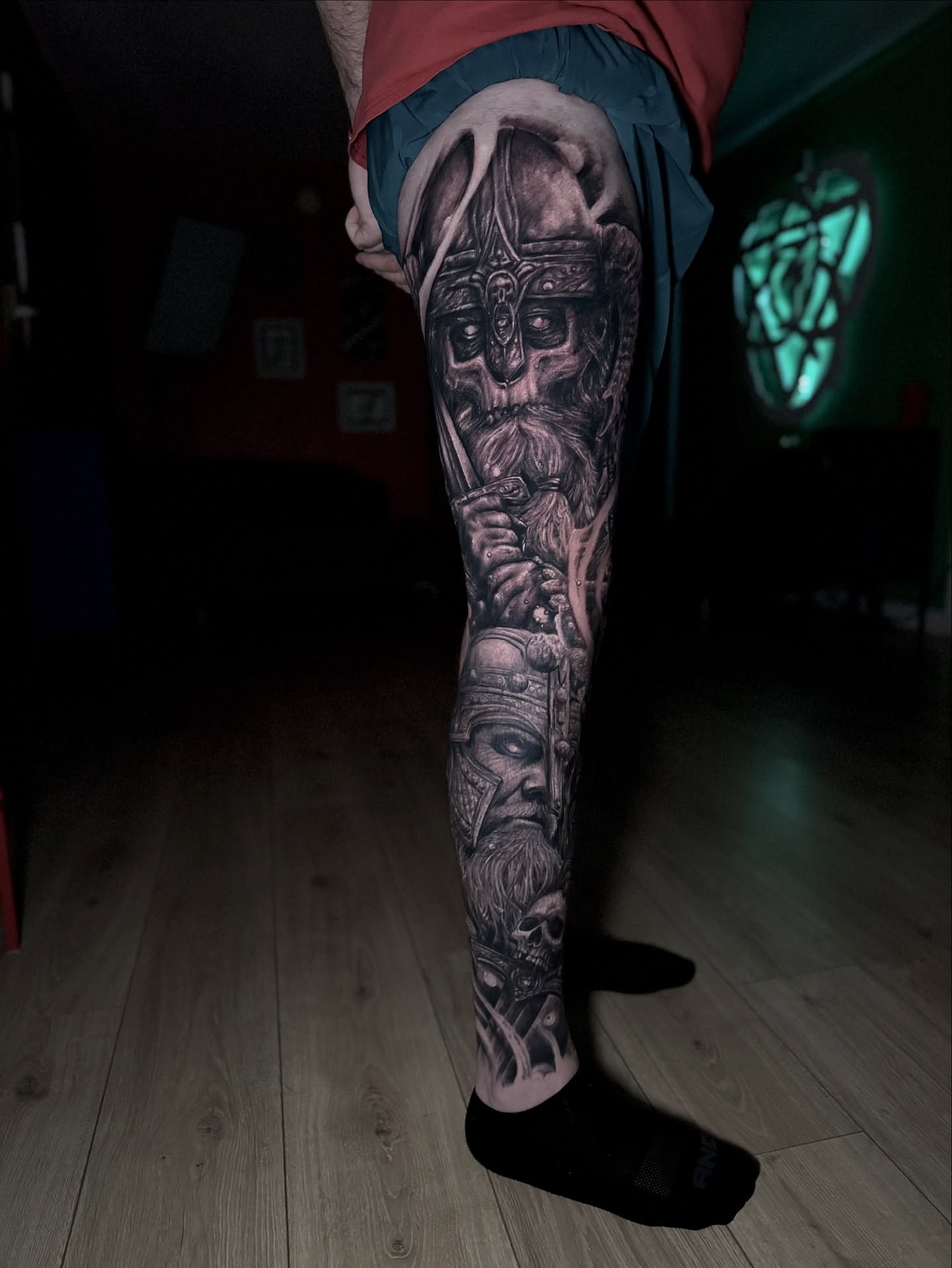 Viking warrior realism tattoo on the leg by Justin (iam3) Leifeste