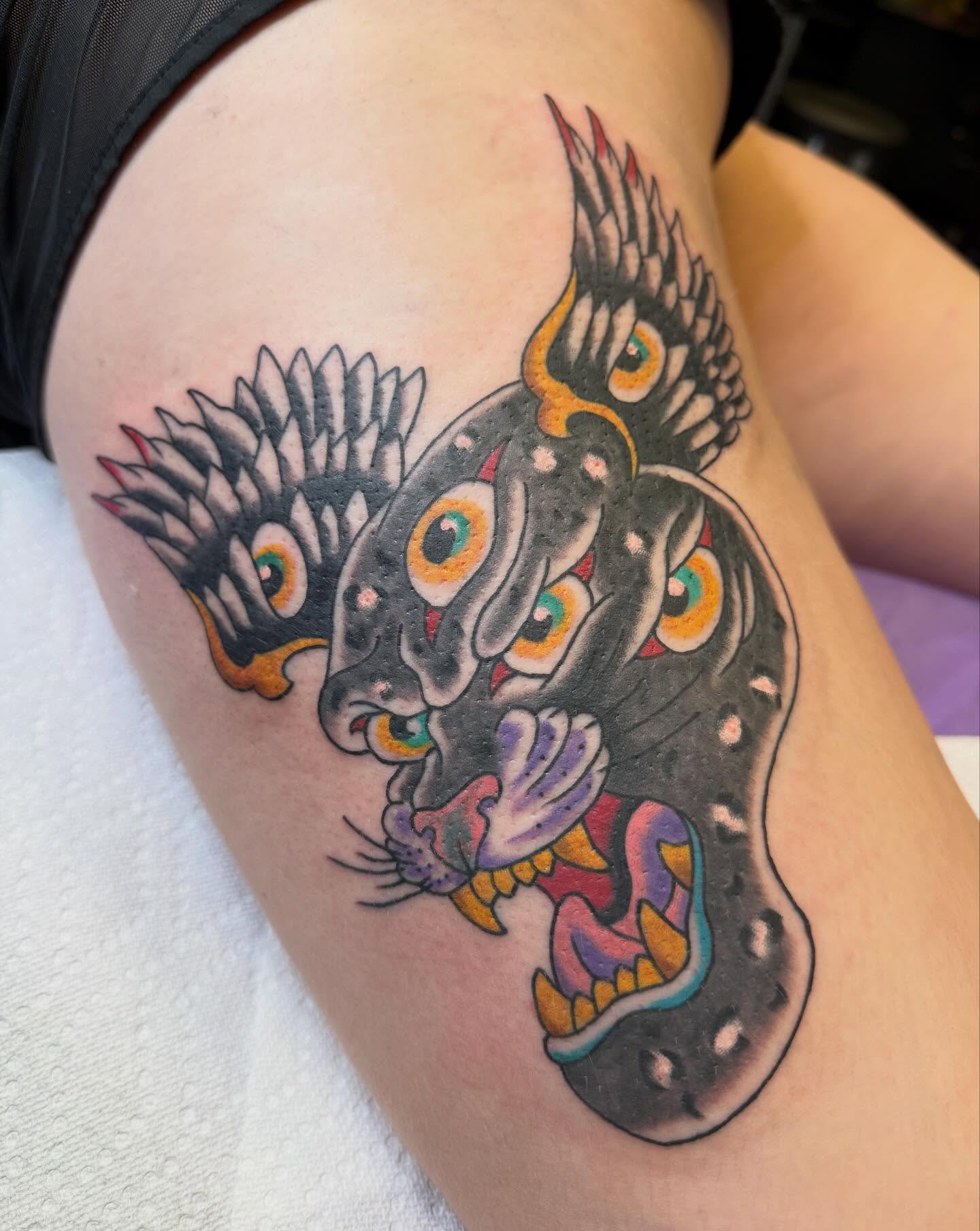 Panther American traditional tattoo on the thigh by Brendan Willbern, Austin, Texas