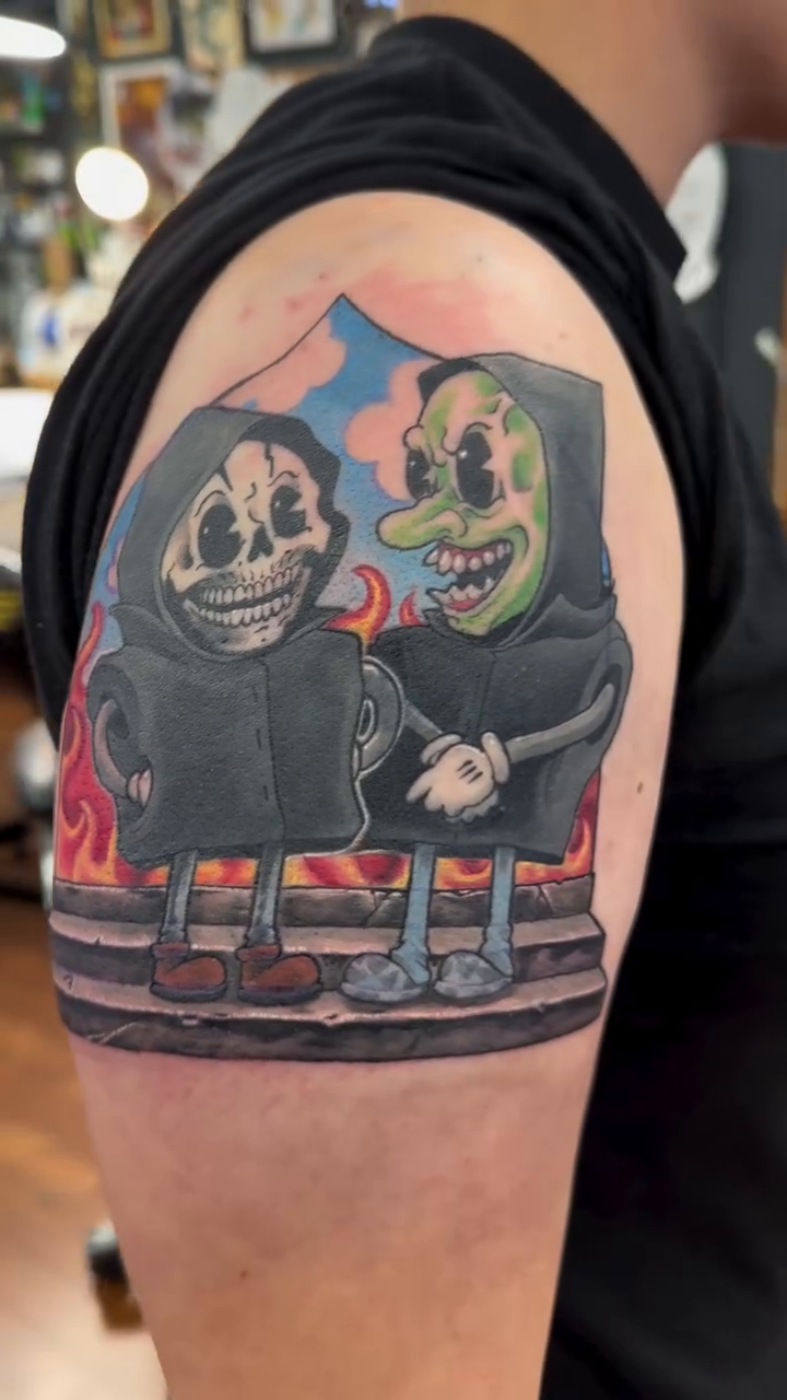 Two cartoon characters new school tattoo by Hori Shit