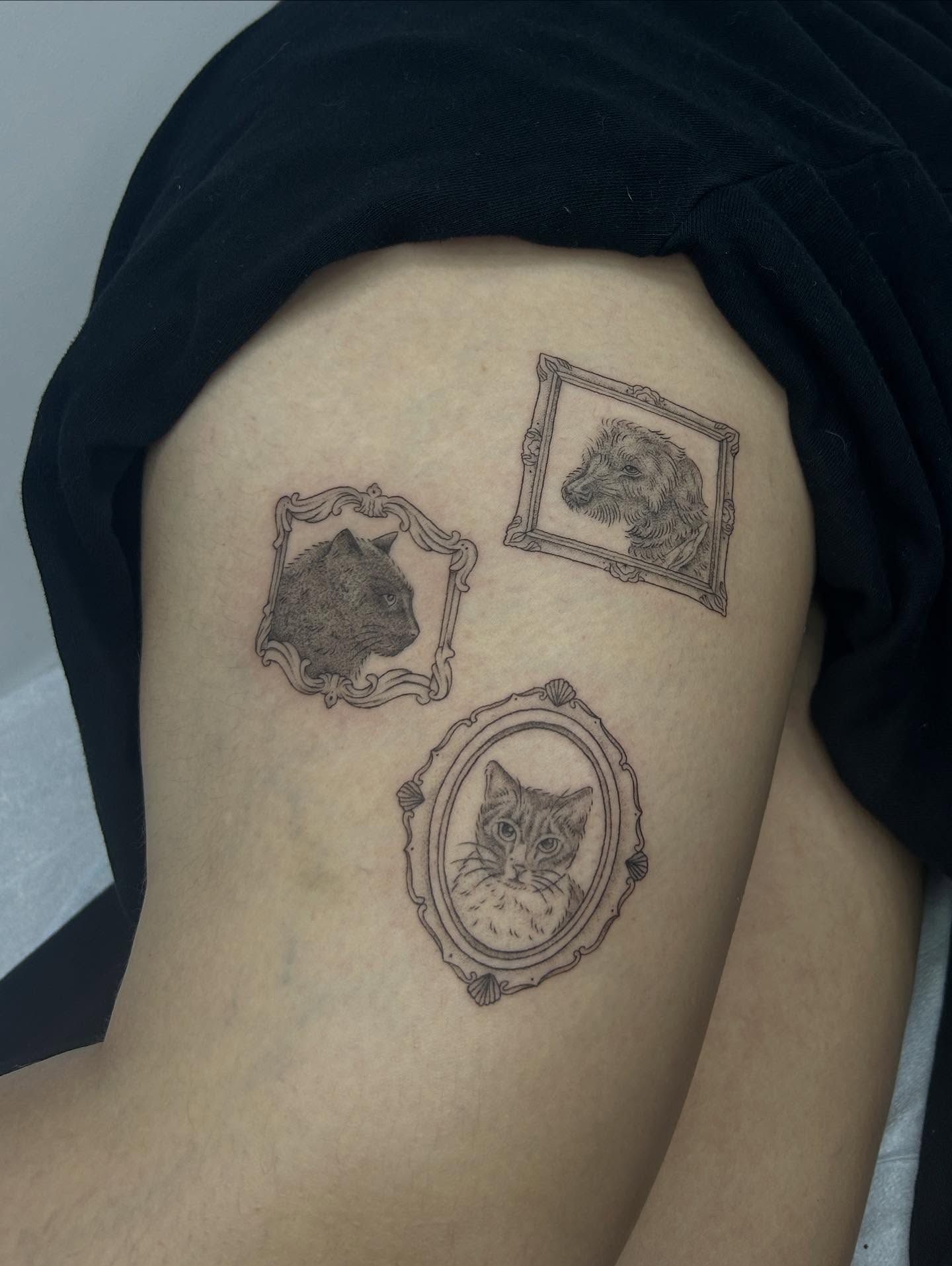 Framed animal portraits realism tattoo on the thigh by *♡+:・゚* caroline ✩*:・゚✧*:・゚