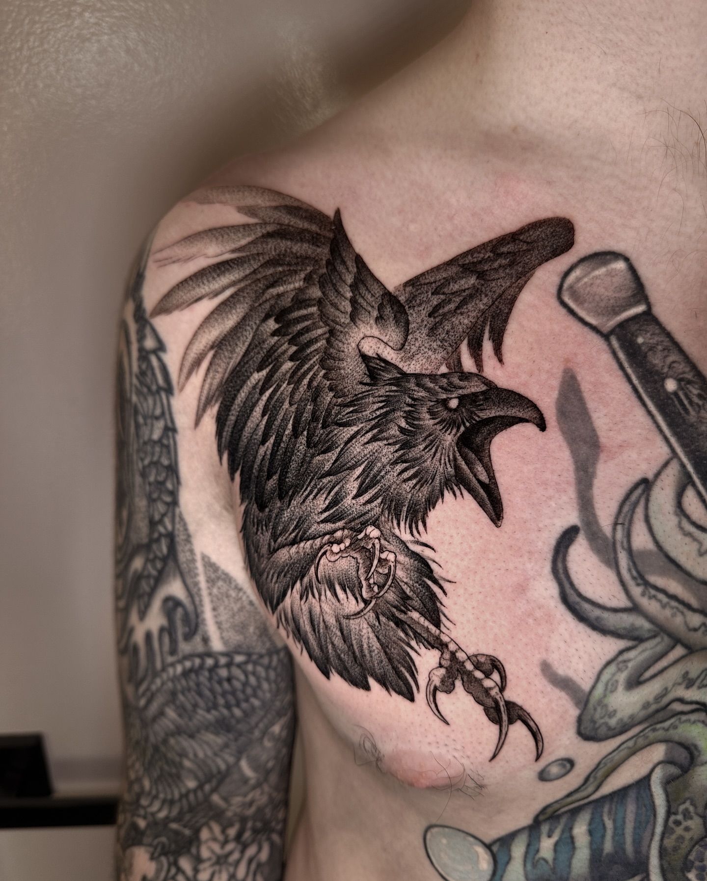 Raven black and grey tattoo on the shoulder by James Hix - Tattoo Artist, Fort Worth, Texas