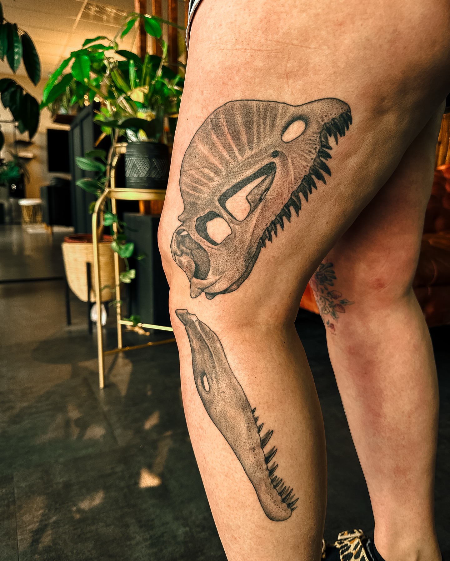Dinosaur skull dotwork tattoo on the thigh by James Hix - Tattoo Artist, Fort Worth, Texas