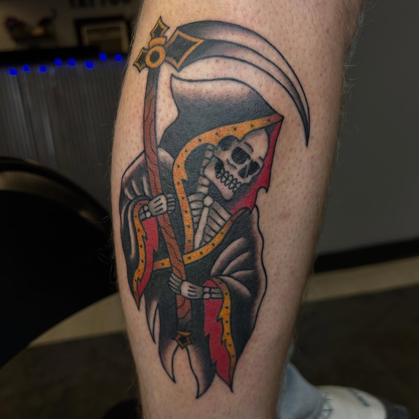 Skeleton reaper American traditional tattoo on the forearm by Bregan ✨