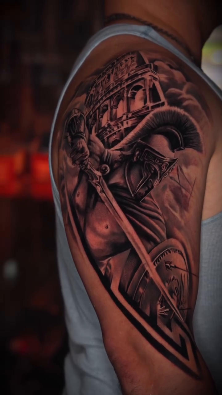 Roman soldier with Colosseum realism tattoo by Andres García Baeza