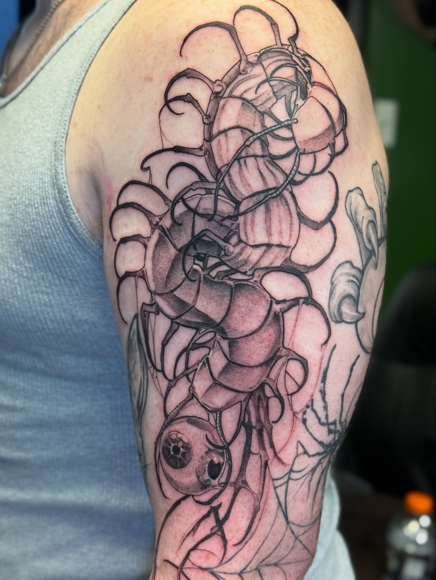 Pinecone black and grey tattoo on the upper arm by Joe Hall