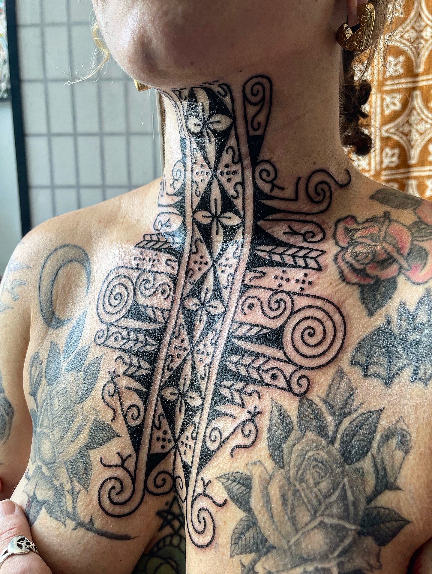 Tribal pattern tribal tattoo on the neck by Swasthik Iyengar, New York, New York