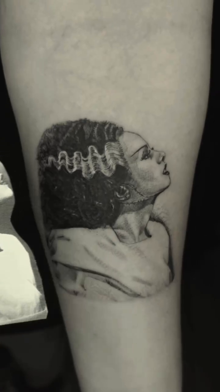 Bride of Frankenstein portrait realism tattoo by Viktoriia ▪︎ Tattoo ▪︎ Chicago ▪︎ Naperville