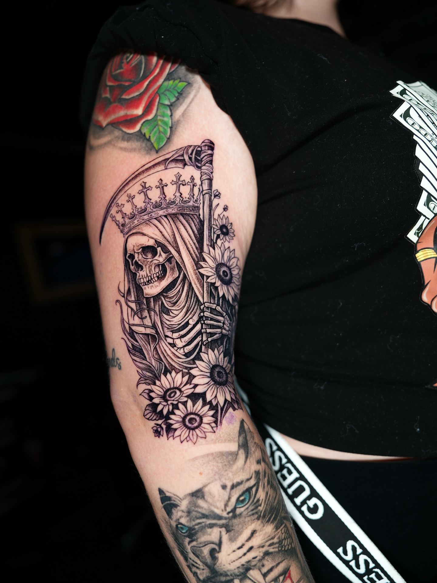 Skeleton queen American traditional tattoo on the forearm by Juan Carlos