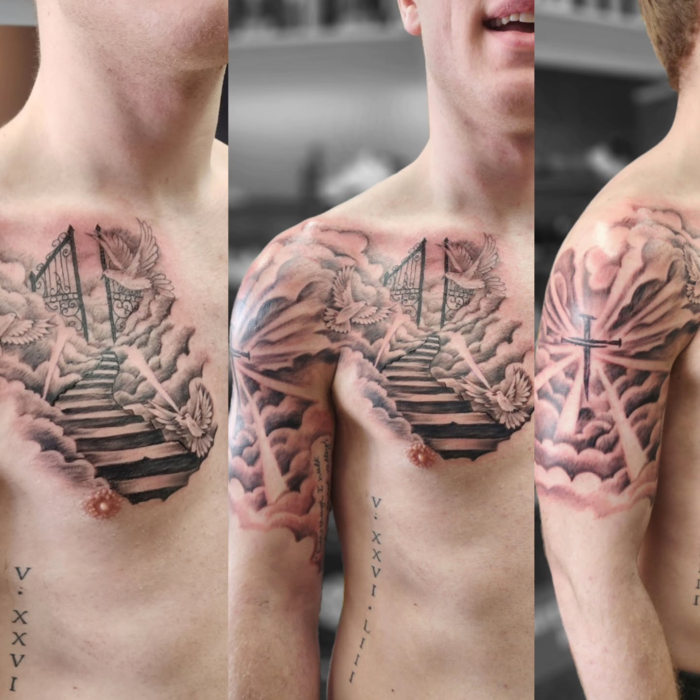 Staircase with harp and birds realism tattoo on the chest by Dennis Foust