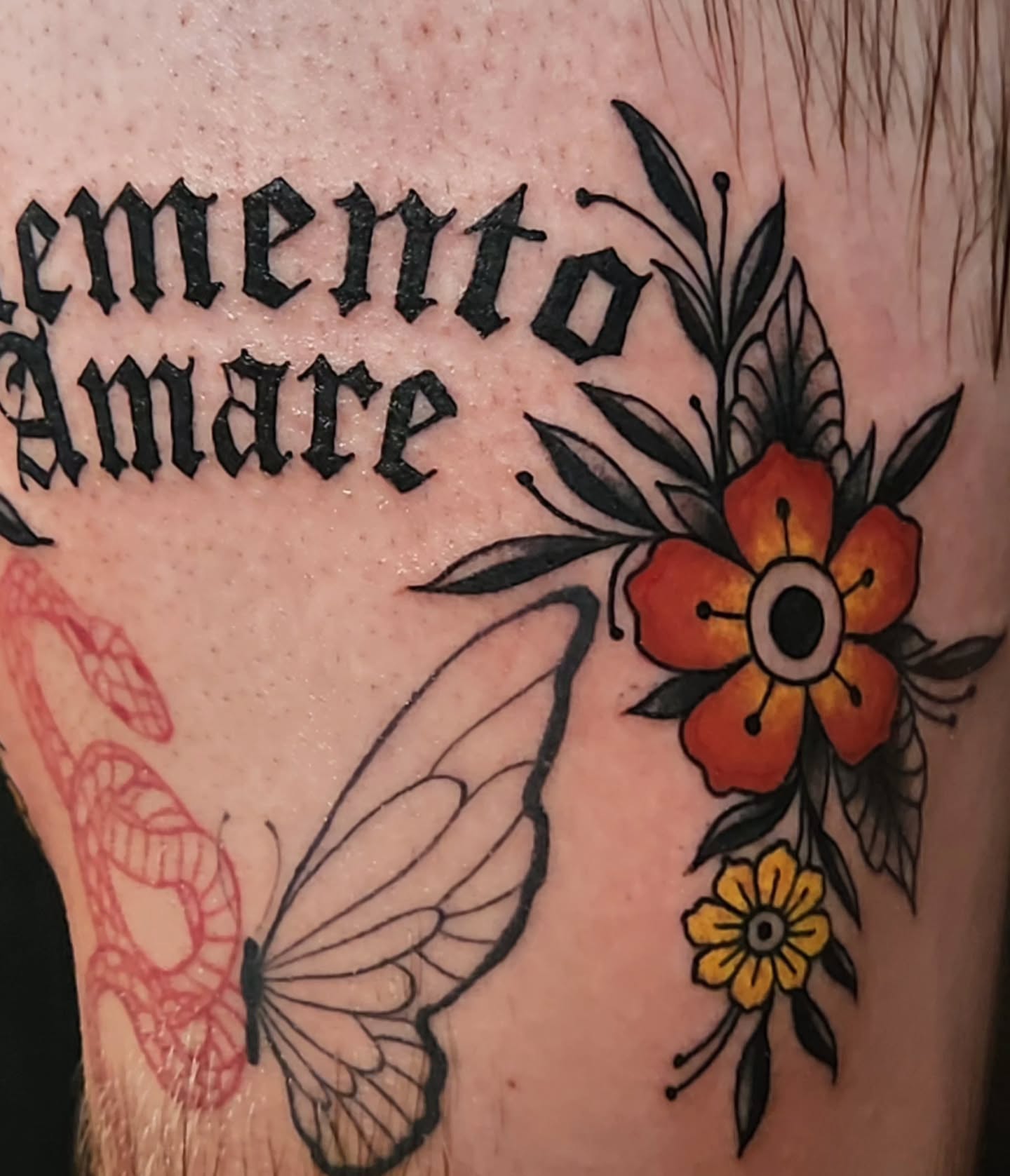 Memento amare American traditional tattoo on the forearm by Audrey Luther