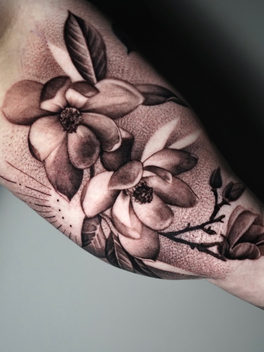 Flower dotwork tattoo on the forearm by Sabrina Lakhaysy, Fort Worth, Texas